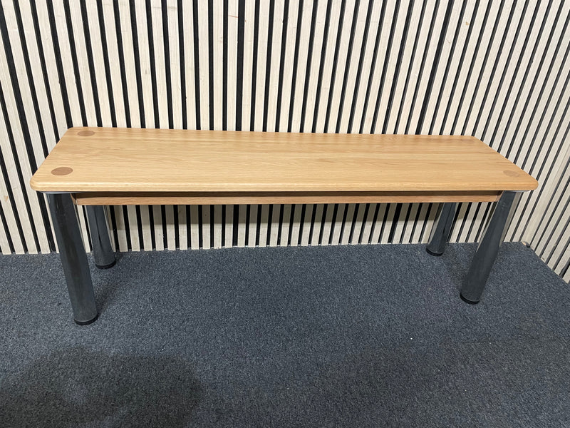 Solid oak long rectangular bench with chrome legs 130Lx36Dx46H  44450