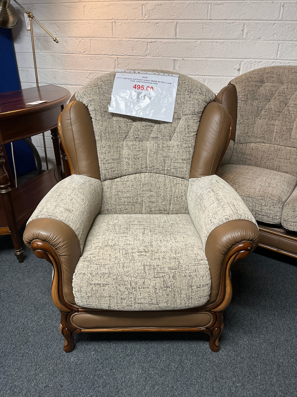 3+1+1 Light grey and brown leather (MADE IN ITALY) sofa suite, solid wood frame 2225