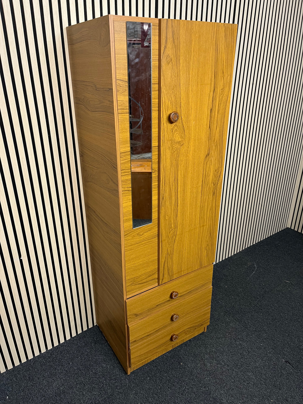 Tall Teak laminate 1 door 3 drawer wardrobe with mirror (H 178 x W 58 x D 46 cm) 2325