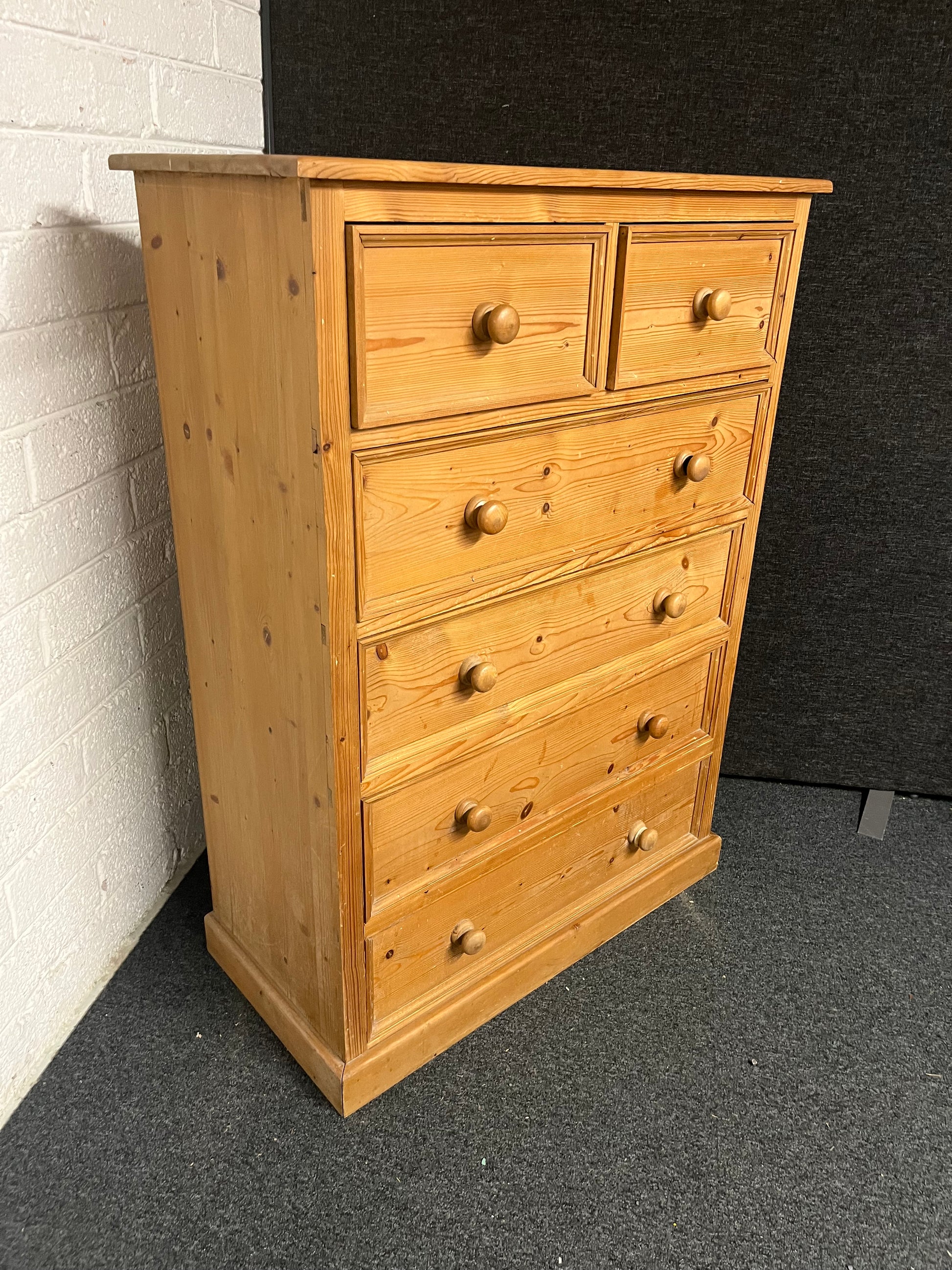 Solid tall pitch pine 4+2 chest of drawers 900Wx1260Hx430D 1225