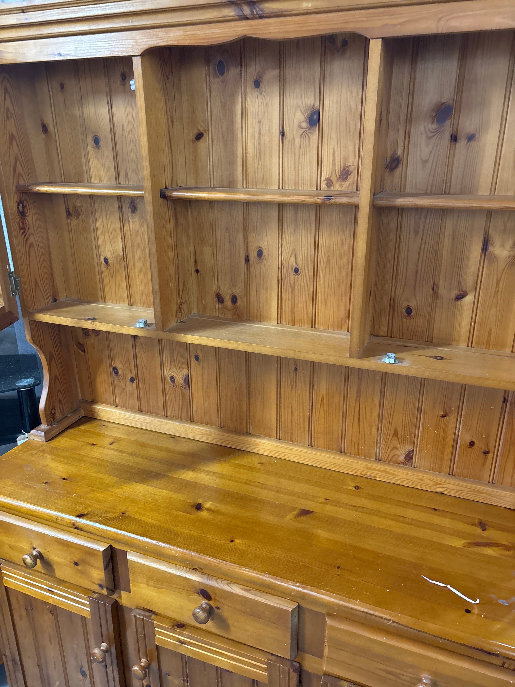 Tall natural pine 3 glass door top section, 3 drawer 3 door kitchen dresser 3125