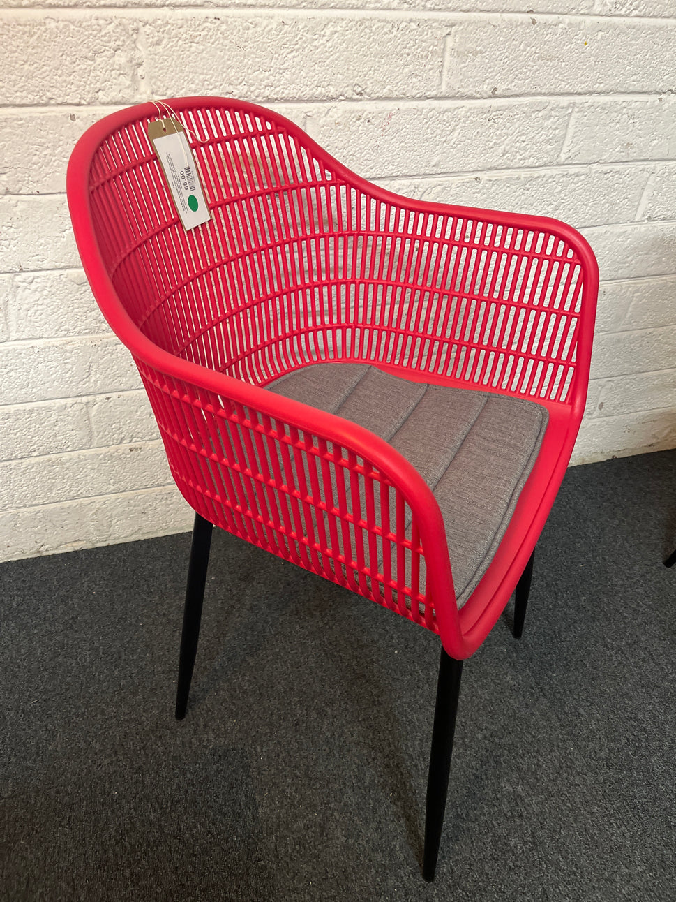 NEW Metro INDOOR OR OUTDOOR dining chair, RASPBERRY RED moulded plastic with tailored fabric seat. OTHER COLOURS AVAILABLE. LARGE QTYS AVAILABLE