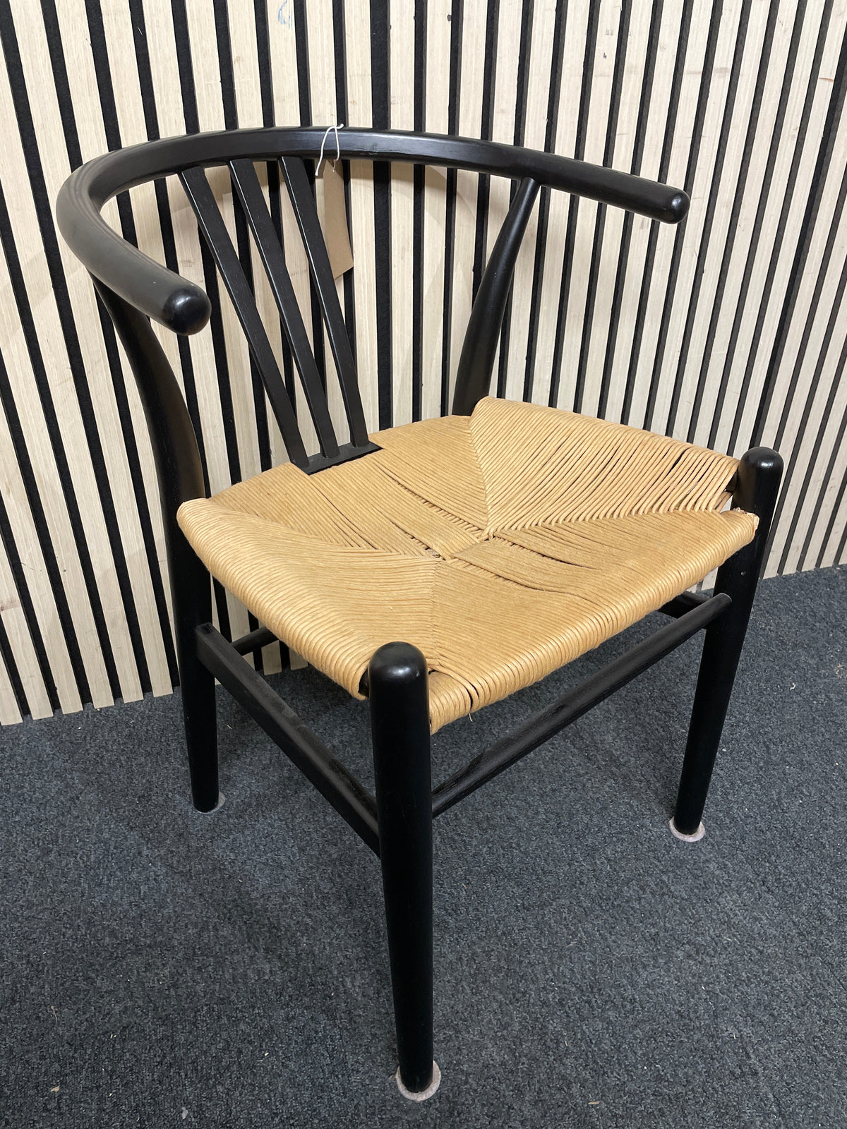 Solid wood curved back occasional chair with wicker seat cushion, black painted frame   44431