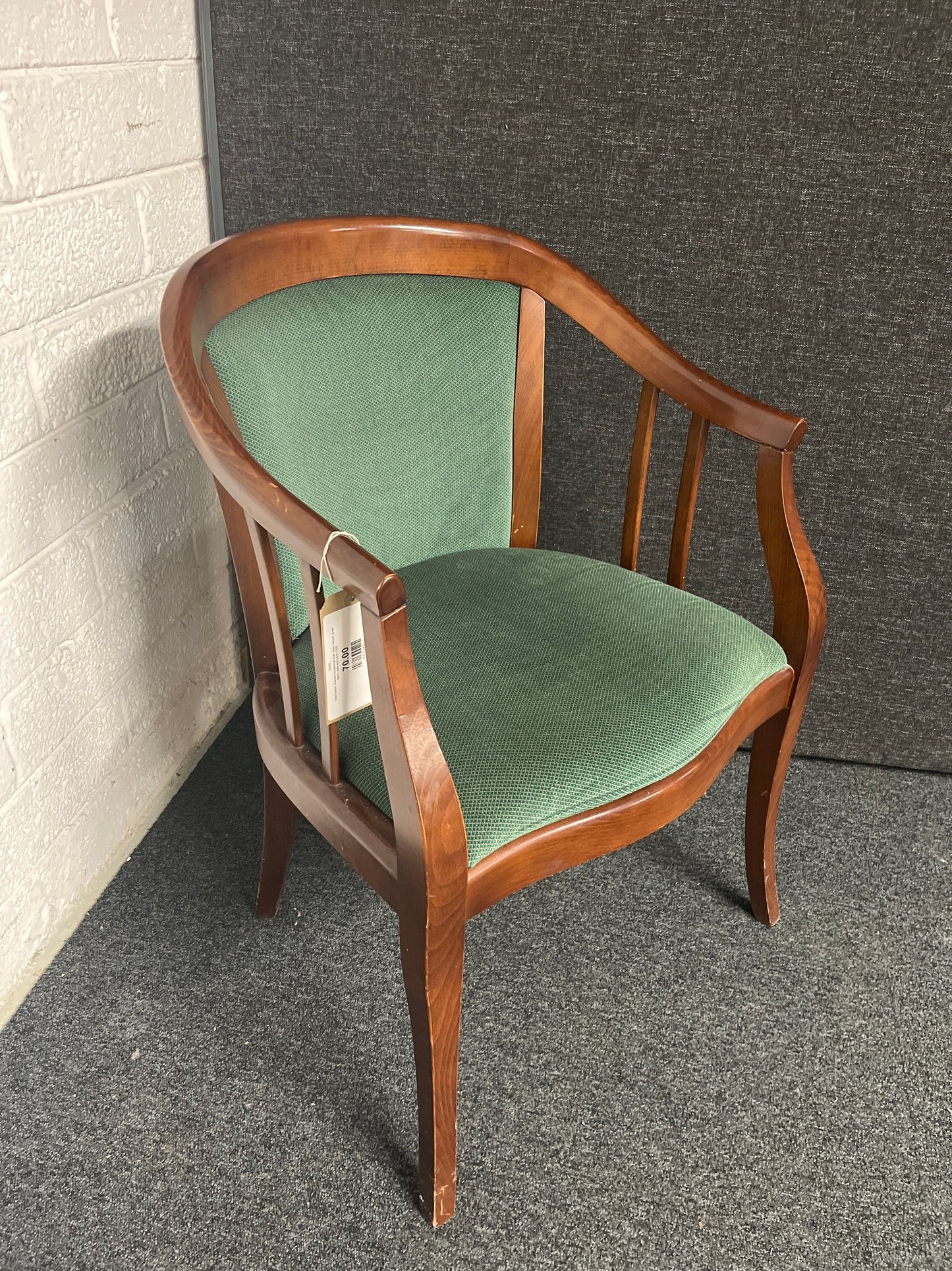 Solid beech stained occasional club chair, mixed green fabric seat and back 1225