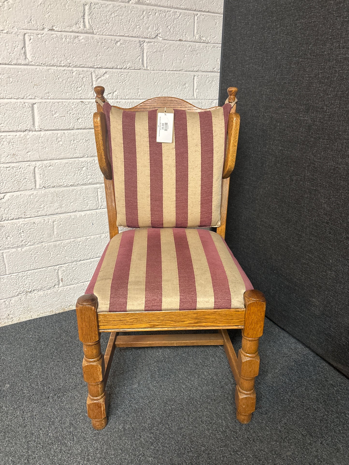 Oak framed dining chair with cream and purple stripe fabric cushion 3225