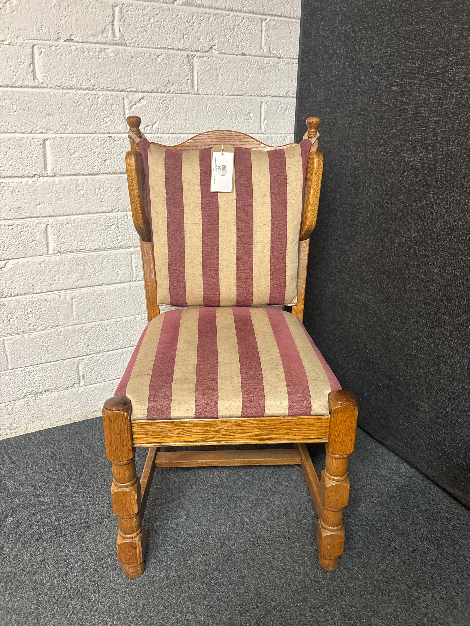 Oak framed dining chair with cream and purple stripe fabric cushion 3225