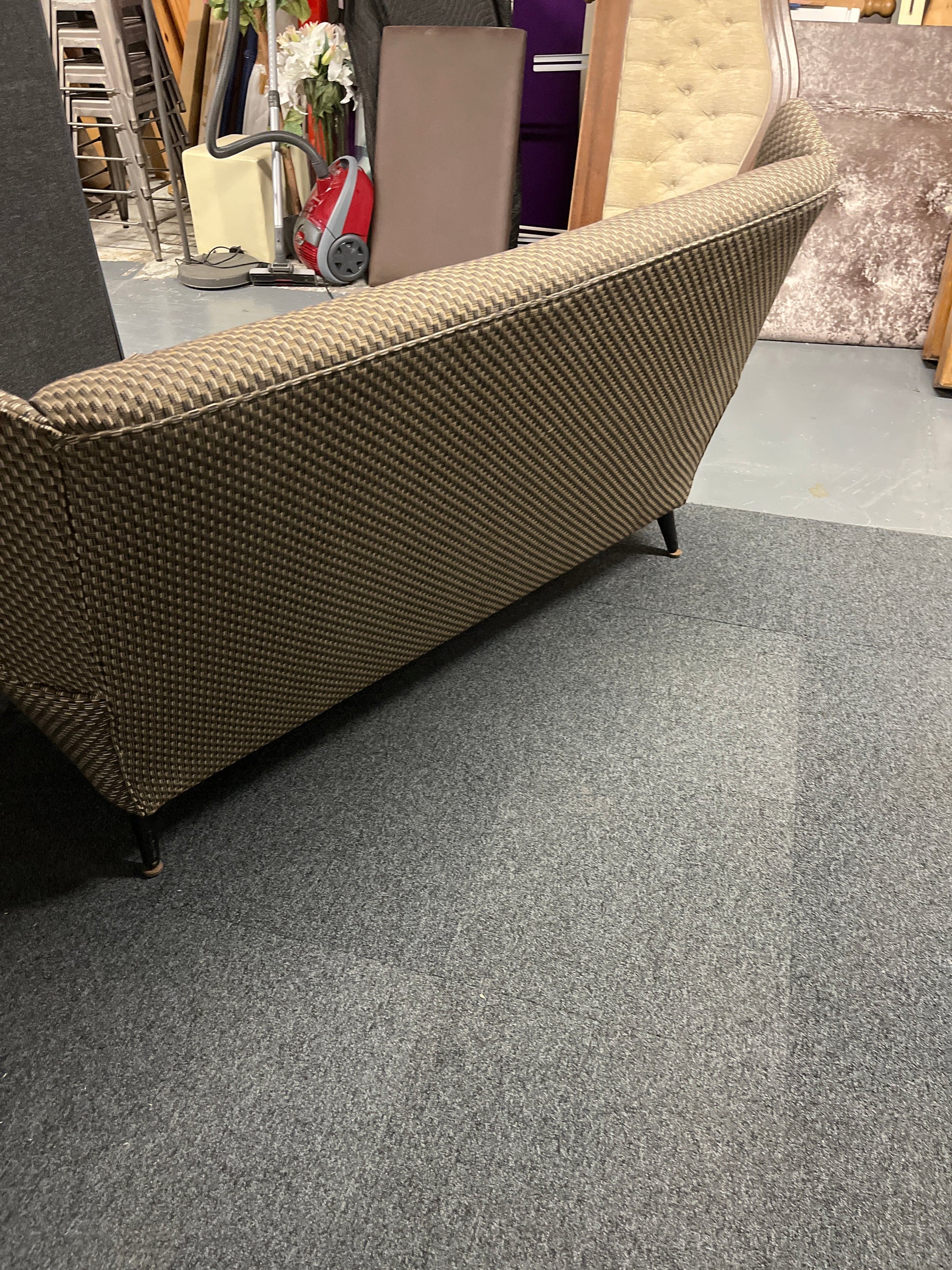 Mid century highback chequered green, dark grey and cream 3 seater sofa 1225