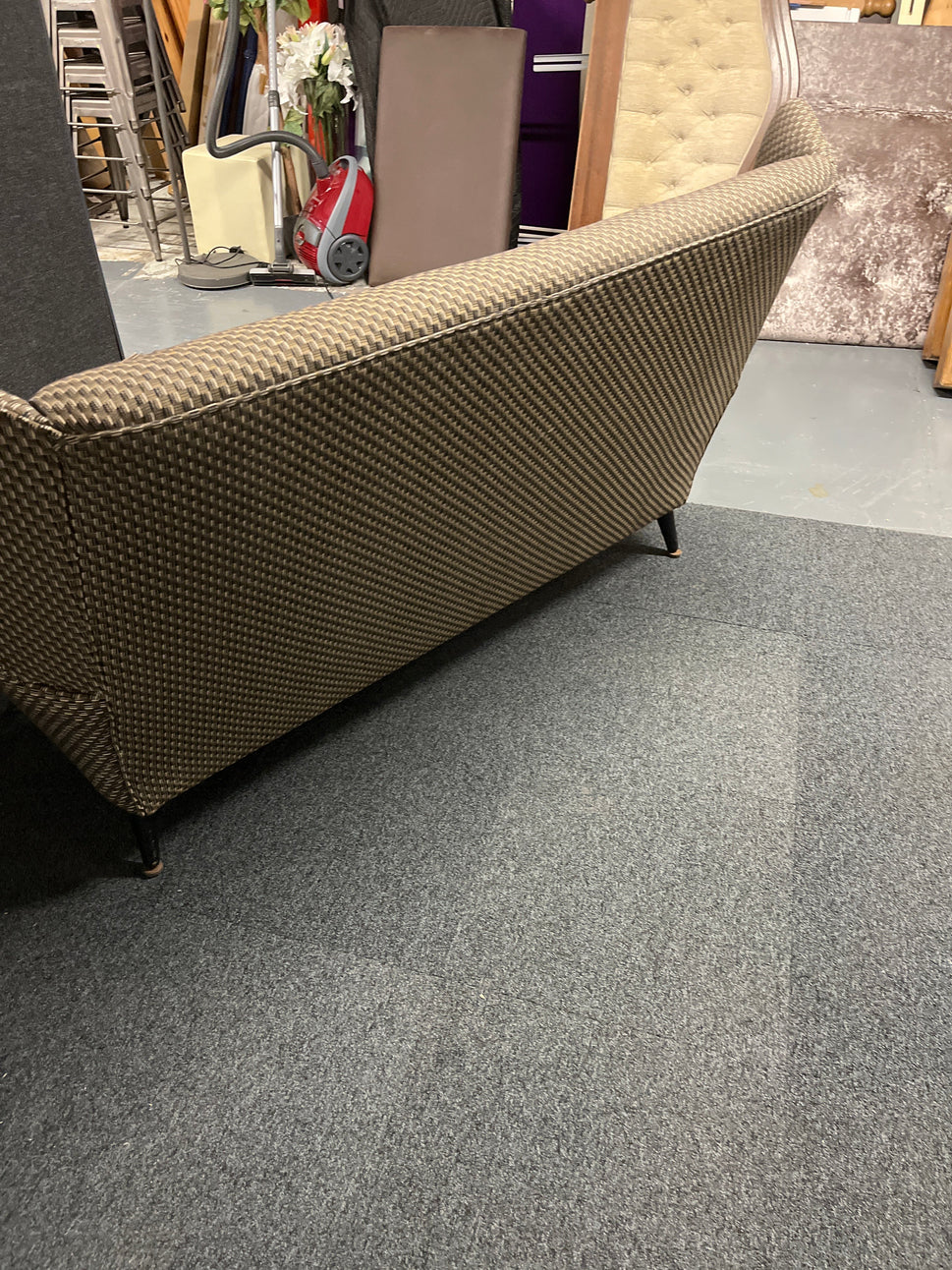 Mid century highback chequered green, dark grey and cream 3 seater sofa 1225