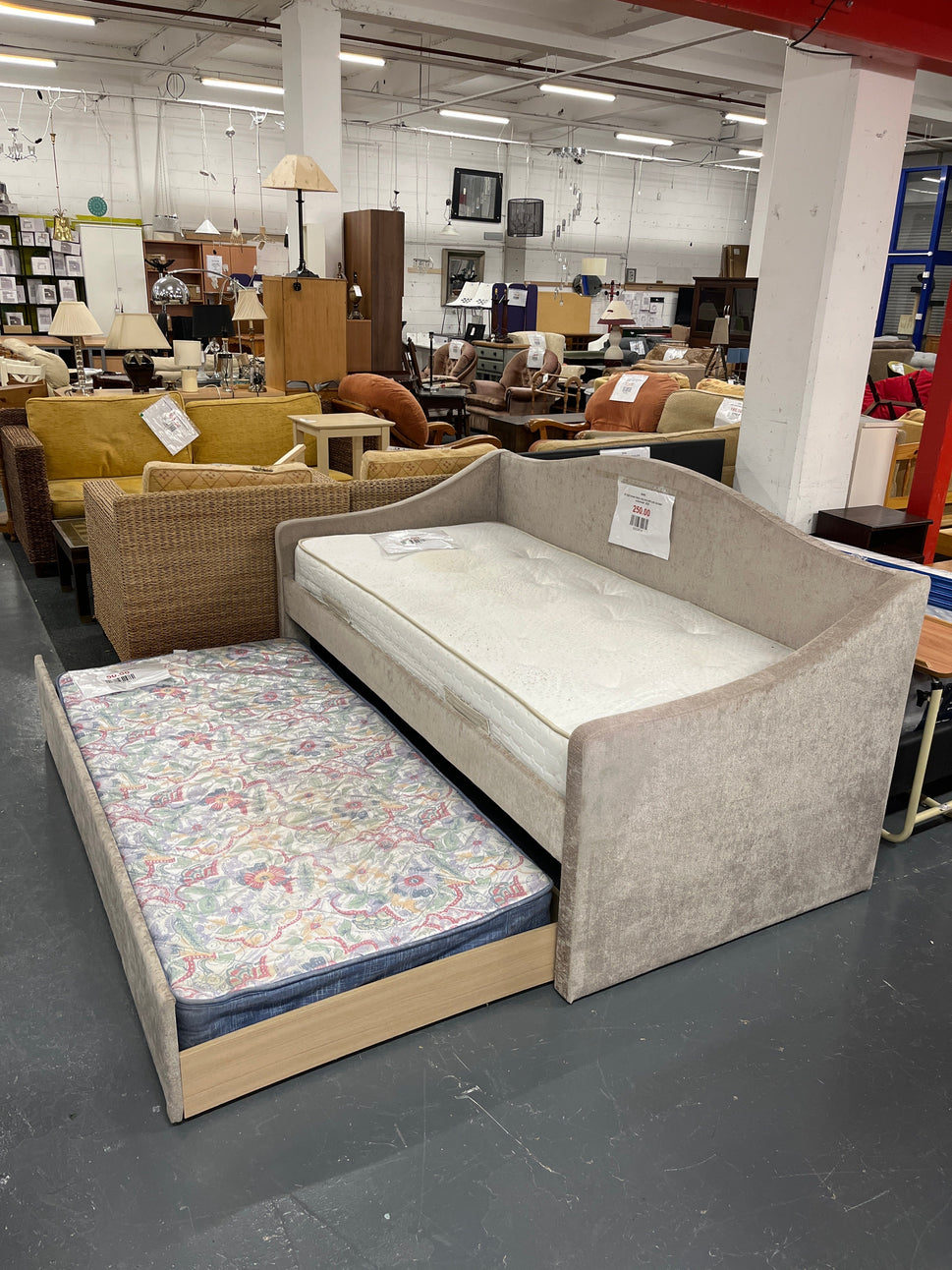 3ft light brown fabric day bed with pull out bed underneath  2225
