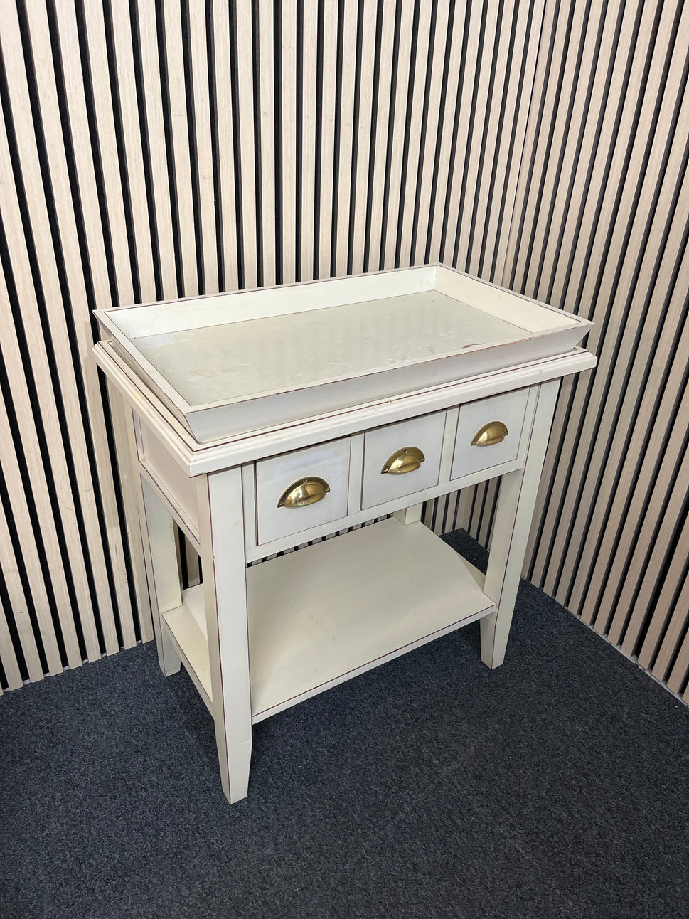 Palet green painted occasional console table with 3 drawers and removal tray top 82Hx75Wx43D 3325