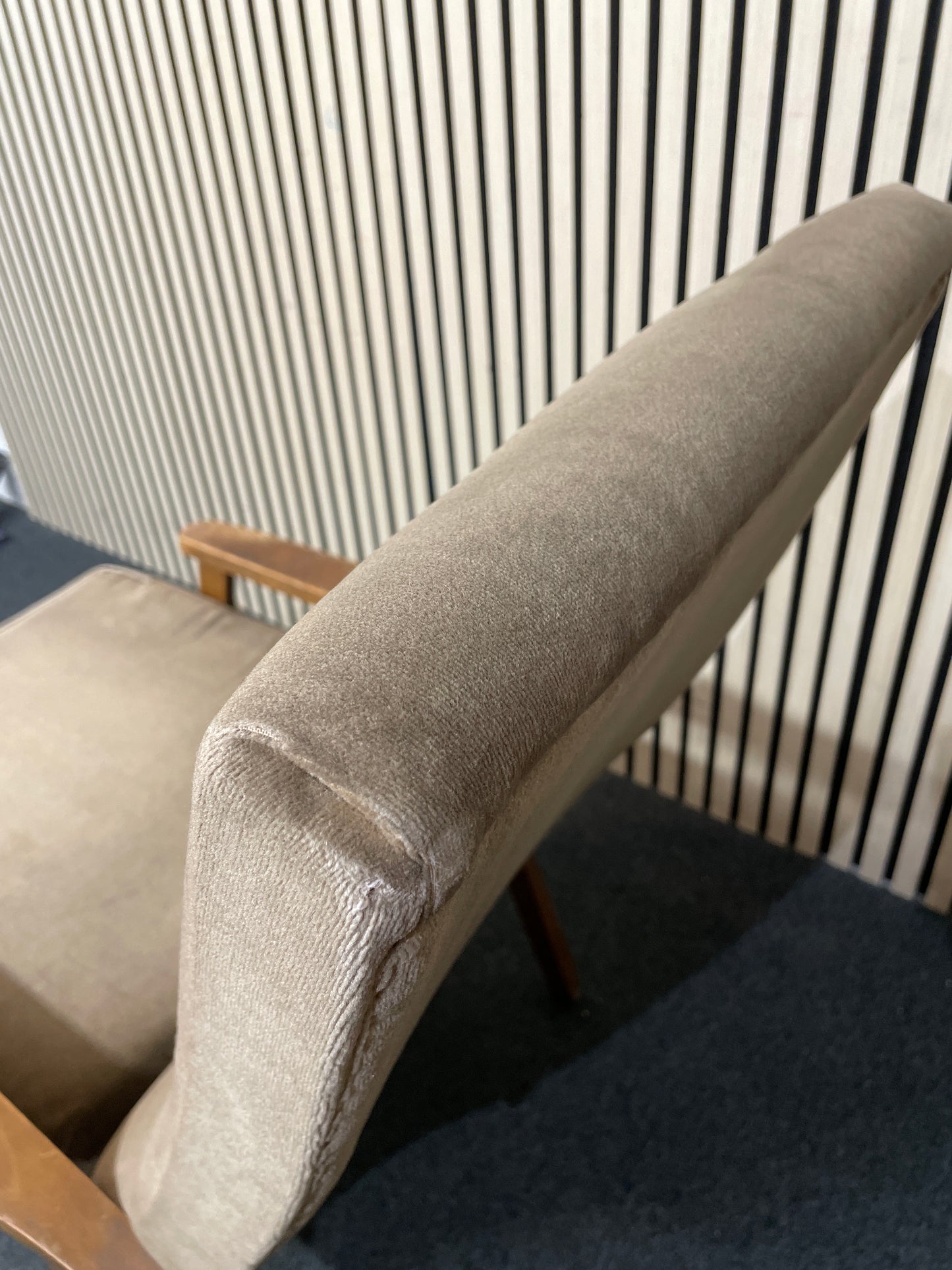 High back solid wood frame, brown fabric Fireside Armchair 1126