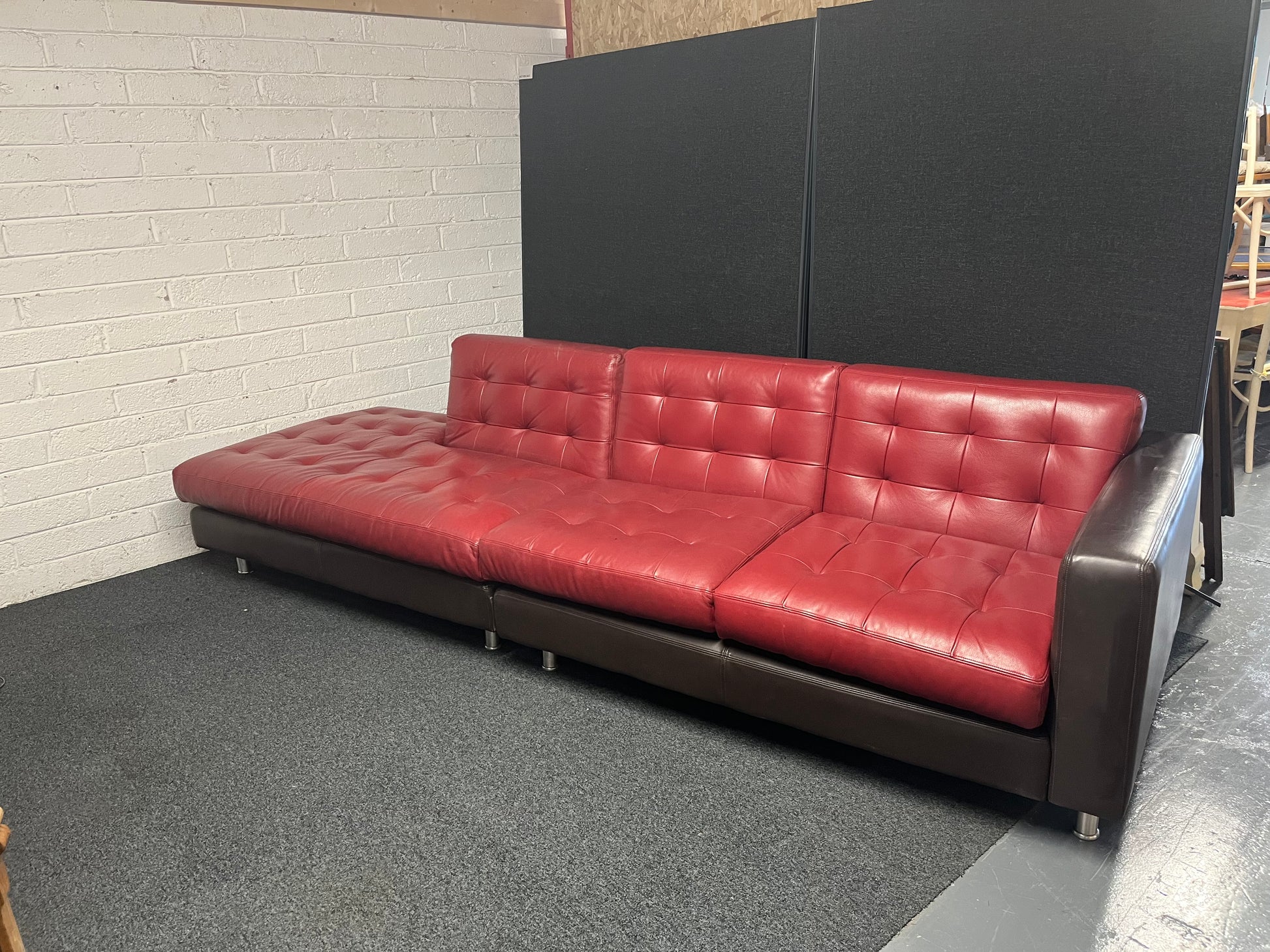Large Wine and dark brown REAL leather corner sofa suite (W 3100 x D 950 x Seat height 450 mm) 1225