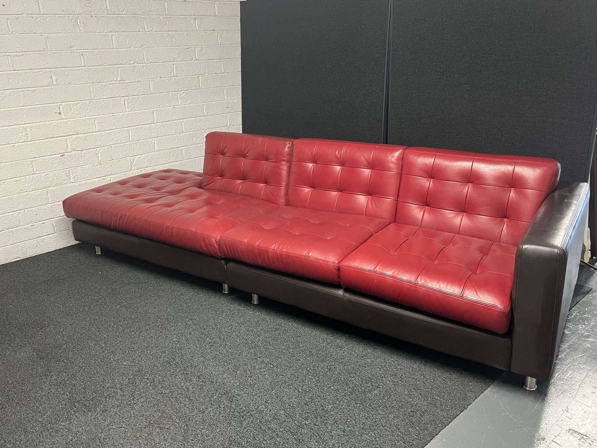 Large Wine and dark brown REAL leather corner sofa suite (W 3100 x D 950 x Seat height 450 mm) 1225