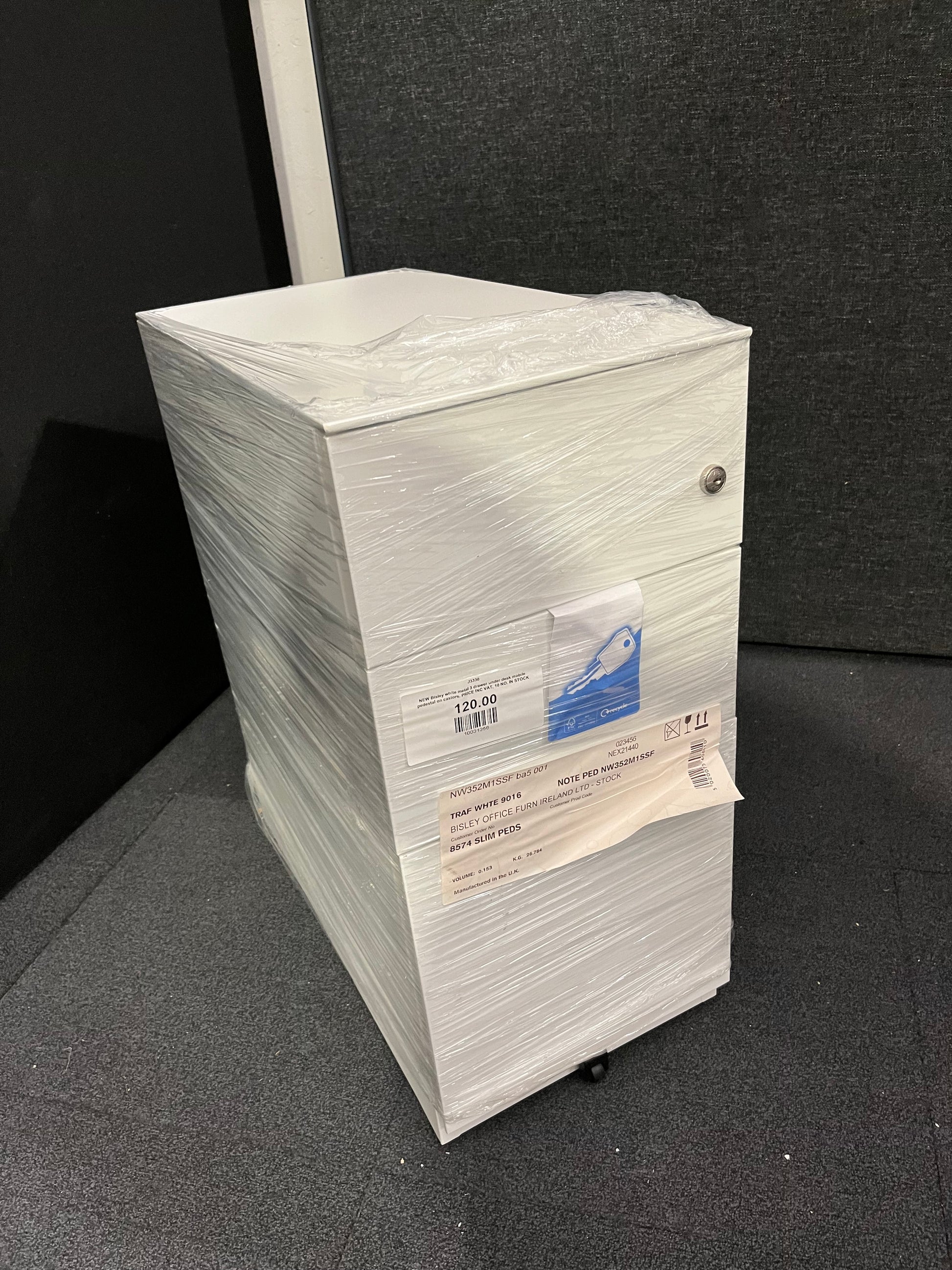 NEW Bisley white metal 3 drawer under desk mobile pedestal on castors. PRICE INC VAT, 10 NO. IN STOCK