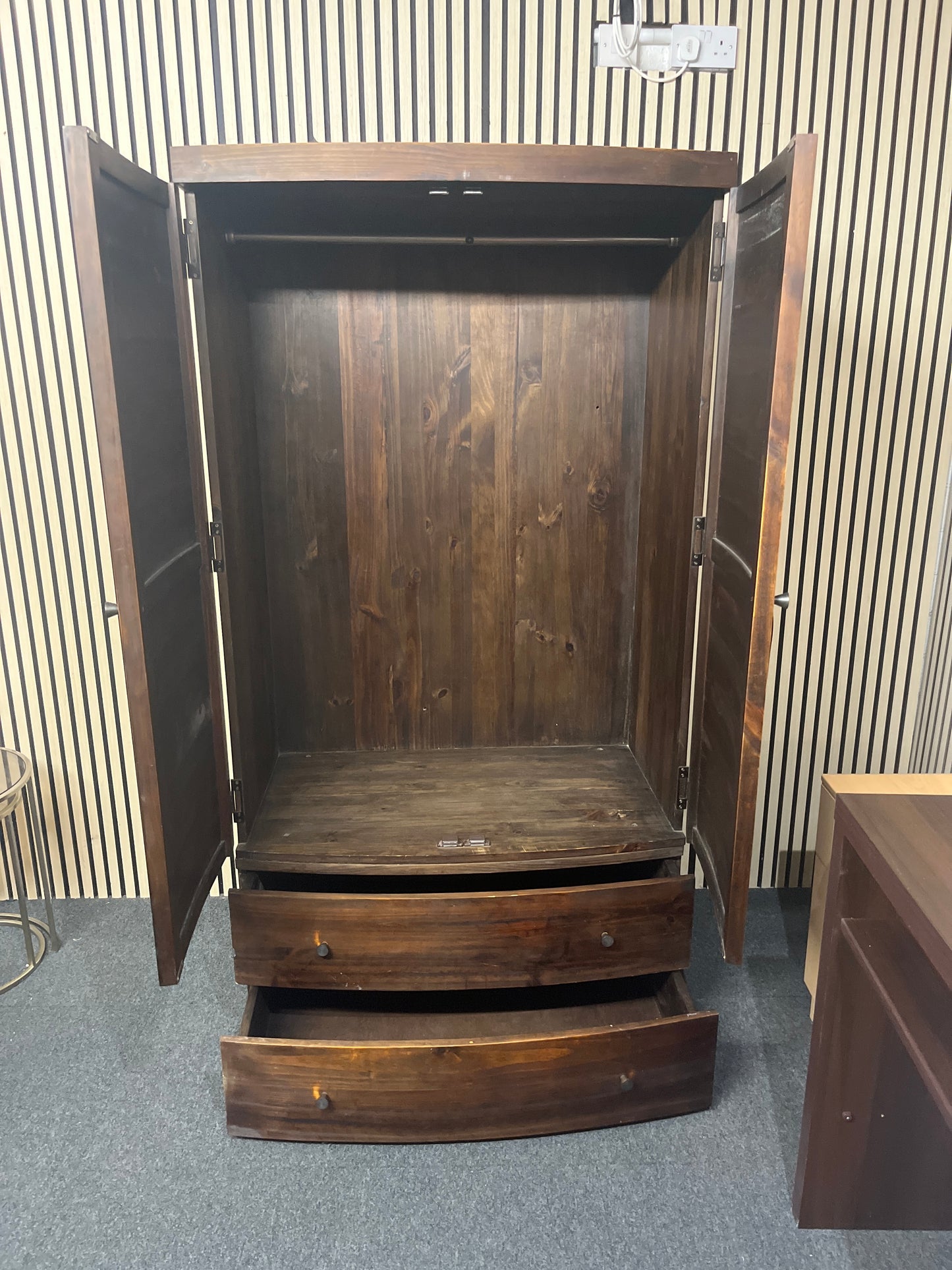 Solid stained pine bow fronted two door 2 base drawer wardrobe (H 182 x W 100 x D 62 cm) 43977
