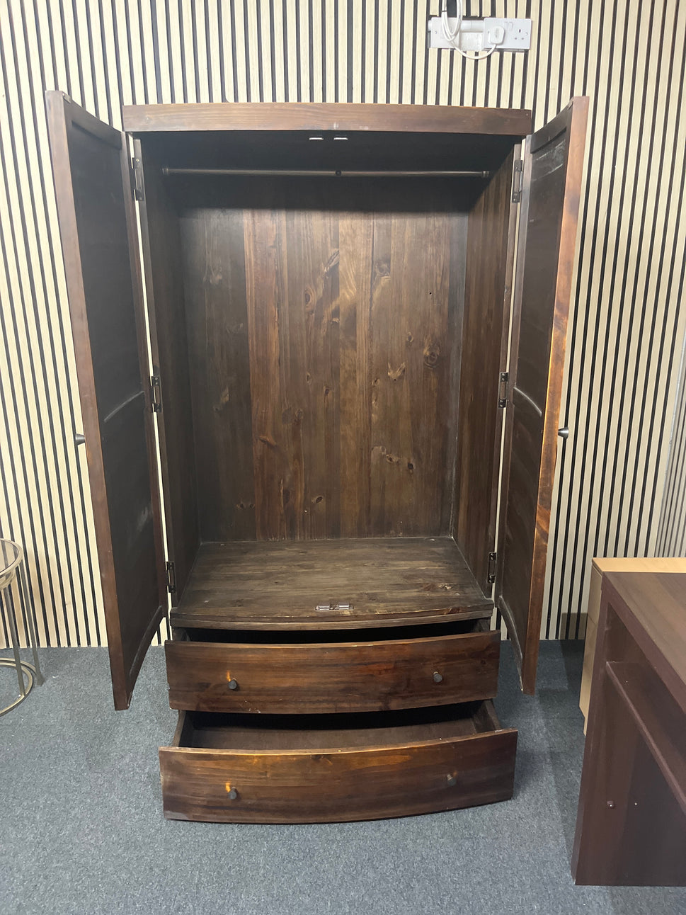 Solid stained pine bow fronted two door 2 base drawer wardrobe (H 182 x W 100 x D 62 cm) 43977