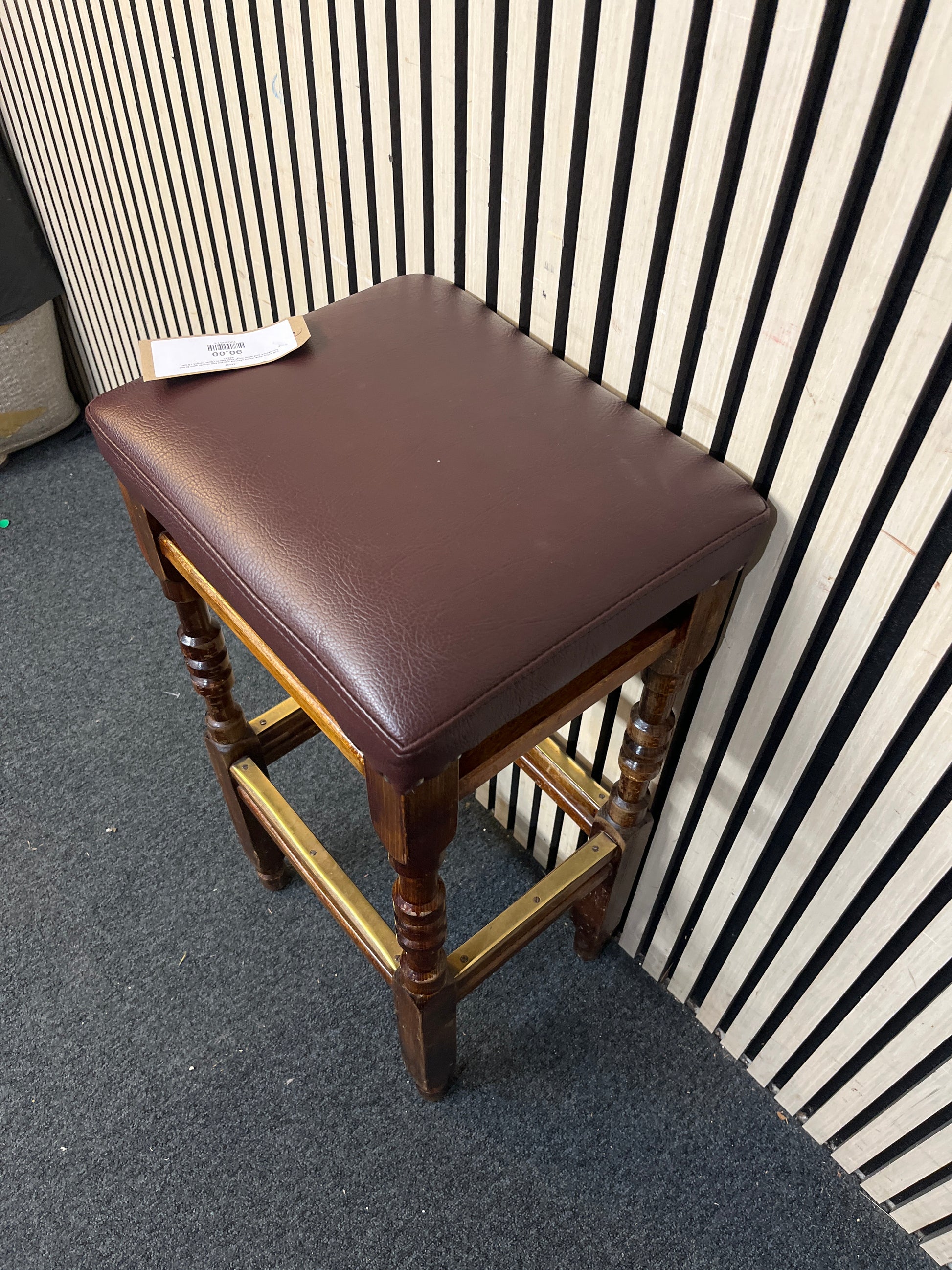 Tall solid dark wood stained square bar stools with brass footplates and wine vinyl seat fabric (Seat height 78 cm)  44237