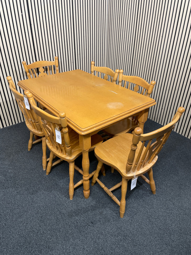 Beech rectangular kitchen table (L 115 x W 80 cm) with 6 no. matching solid wood chairs  44789