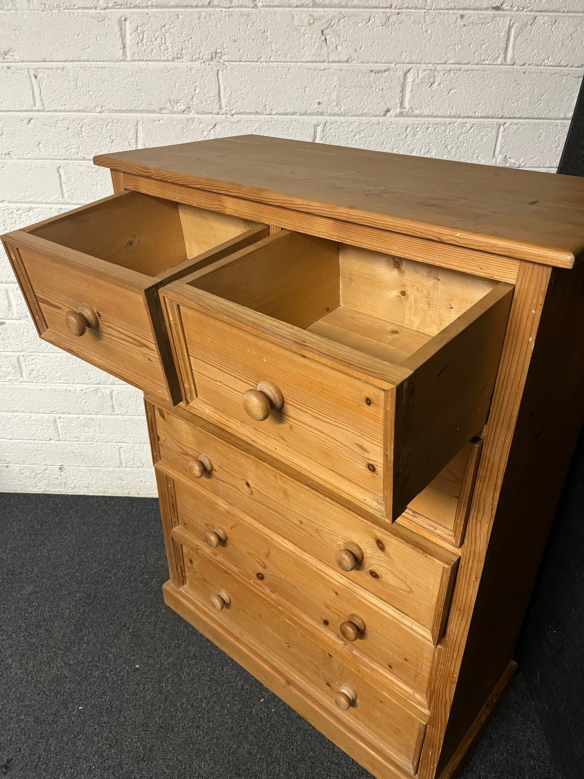 Solid tall pitch pine 4+2 chest of drawers 900Wx1260Hx430D 1225