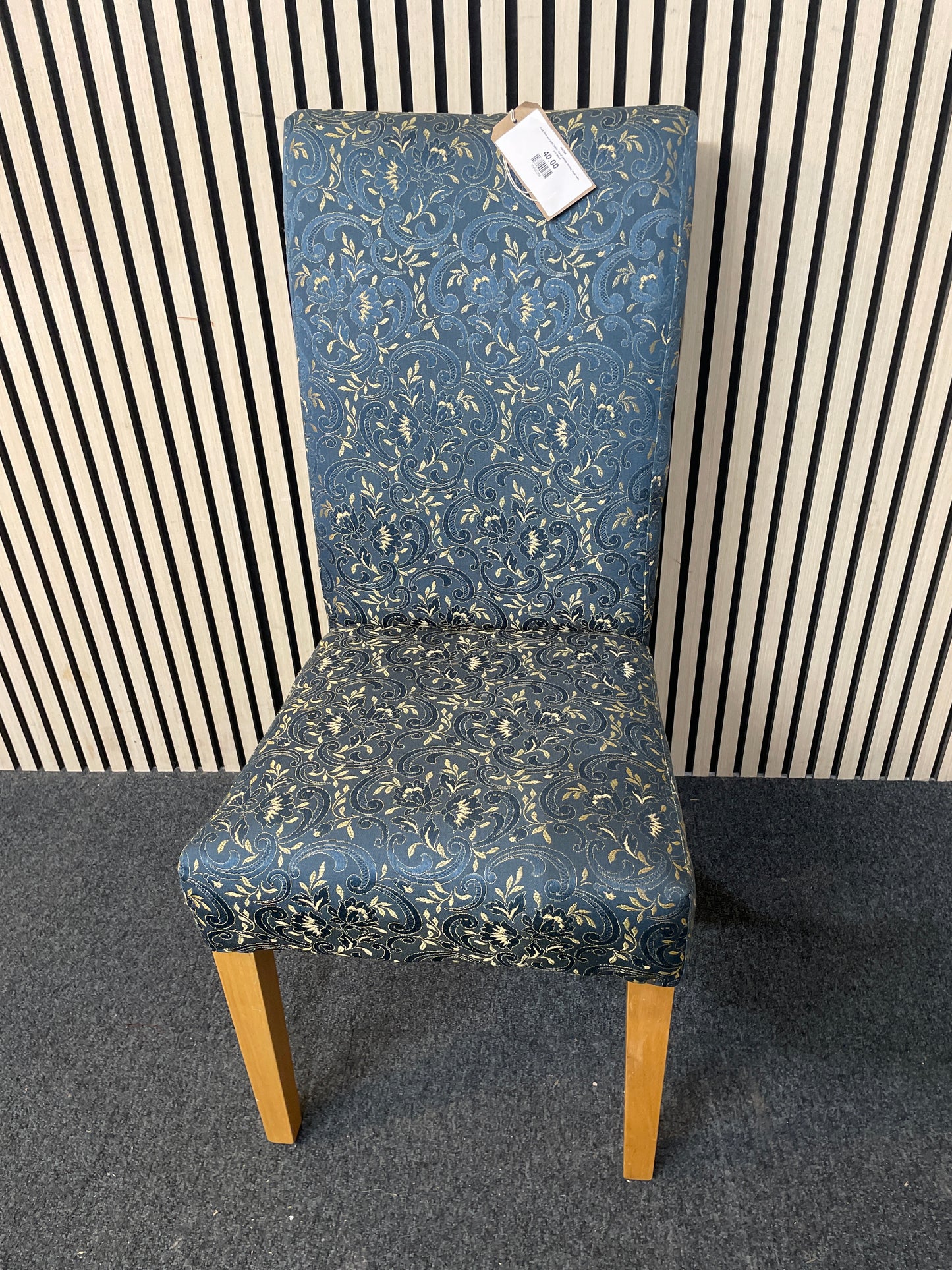Dark blue and gold fabric floral design dining chair with pin detail