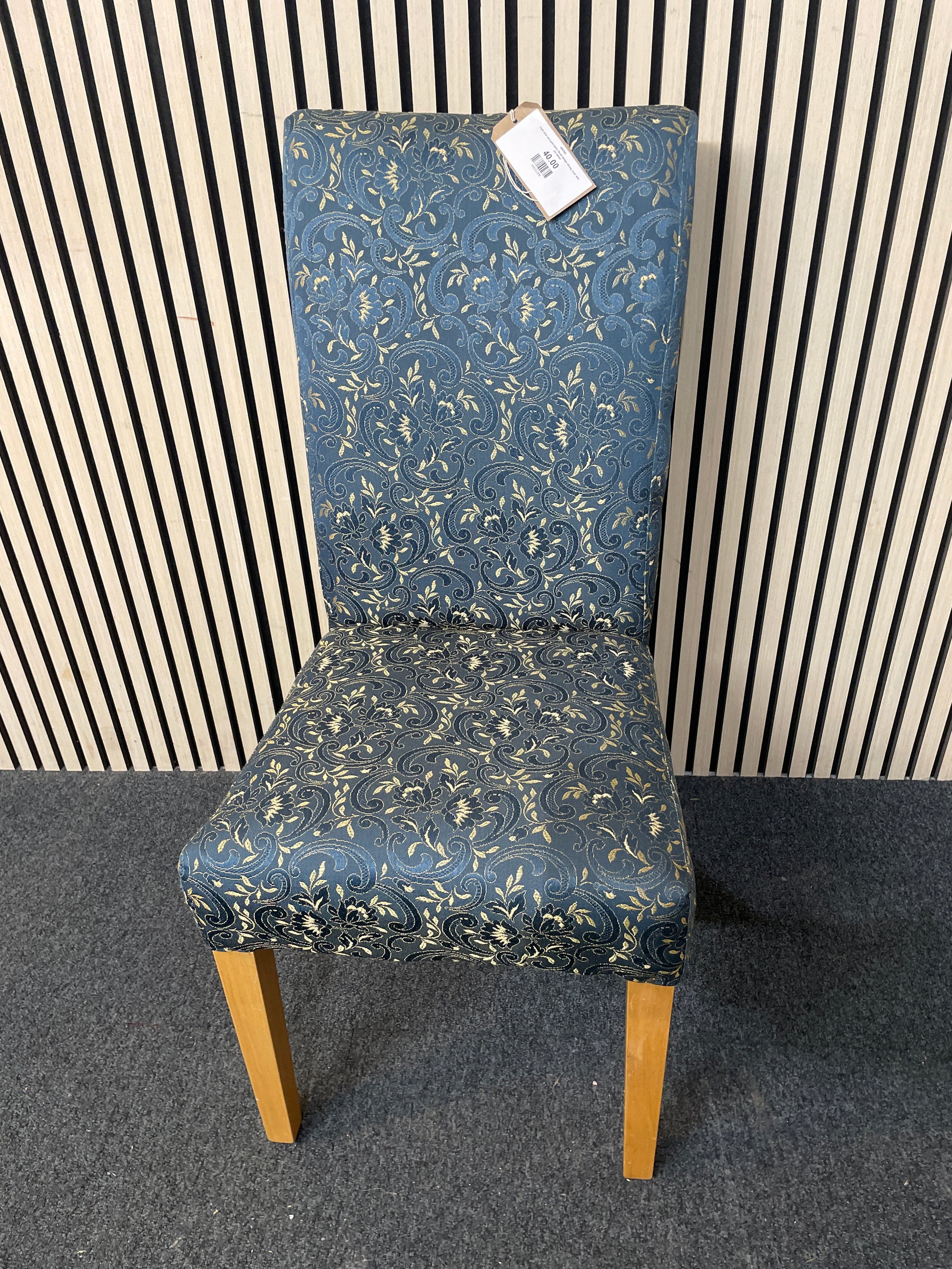 Dark blue and gold fabric floral design dining chair with pin detail