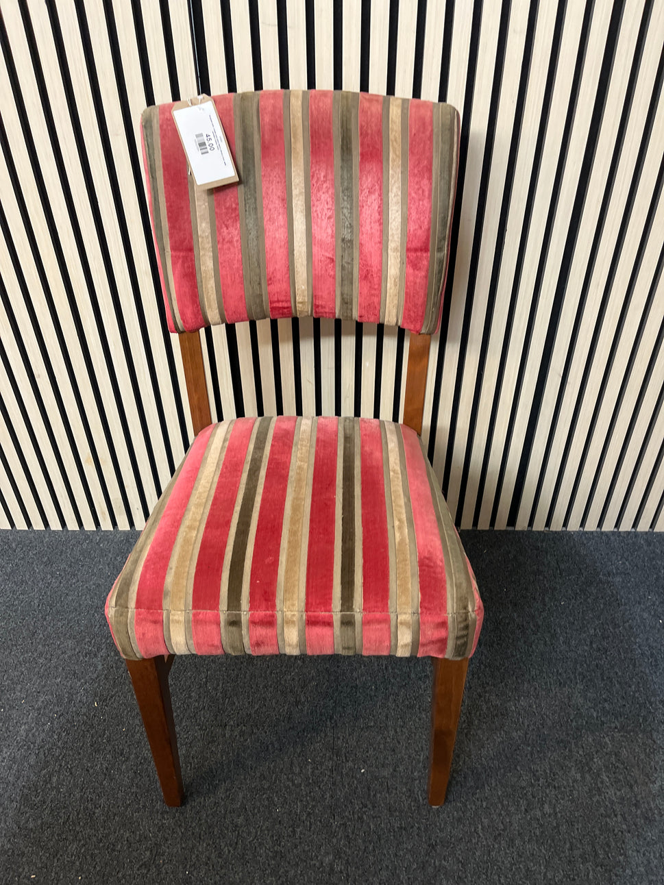 Stripped pink, cream and grey fabric dining chair with wooden frame 2425