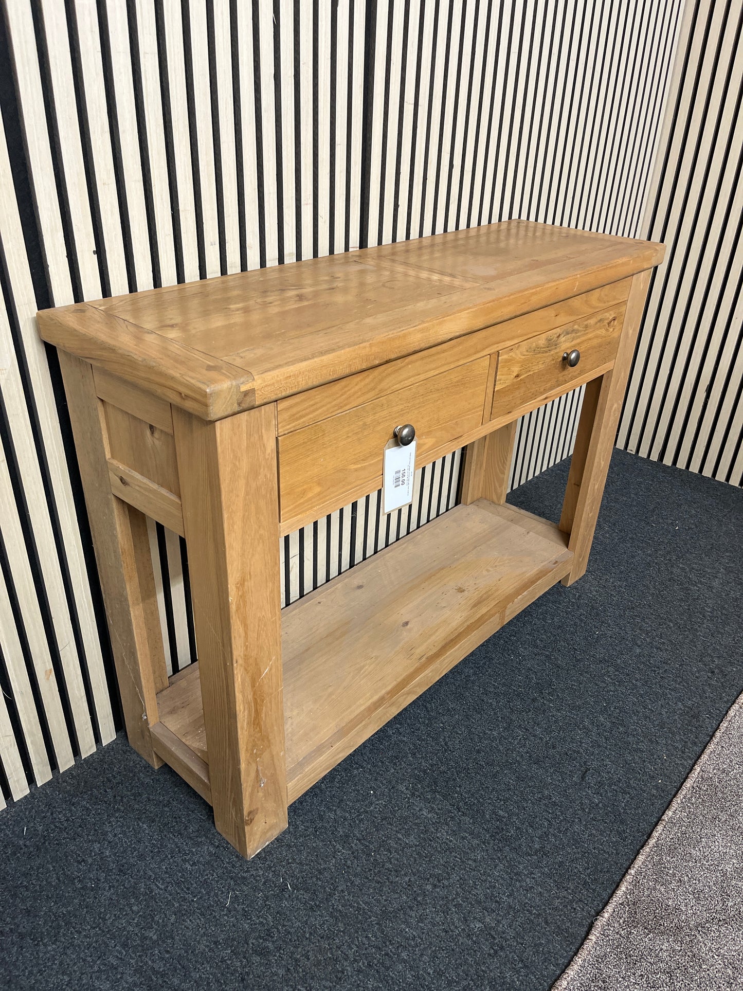 Solid oak long 2 drawer console table with base shelf (H 79 x W 110 x D 36 cm) 3126