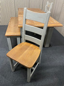 Extending dining table with oak top and grey painted legs (L 140 - 180 x W 90 cm) with 2 no. dining chairs and matching bench seat  44806