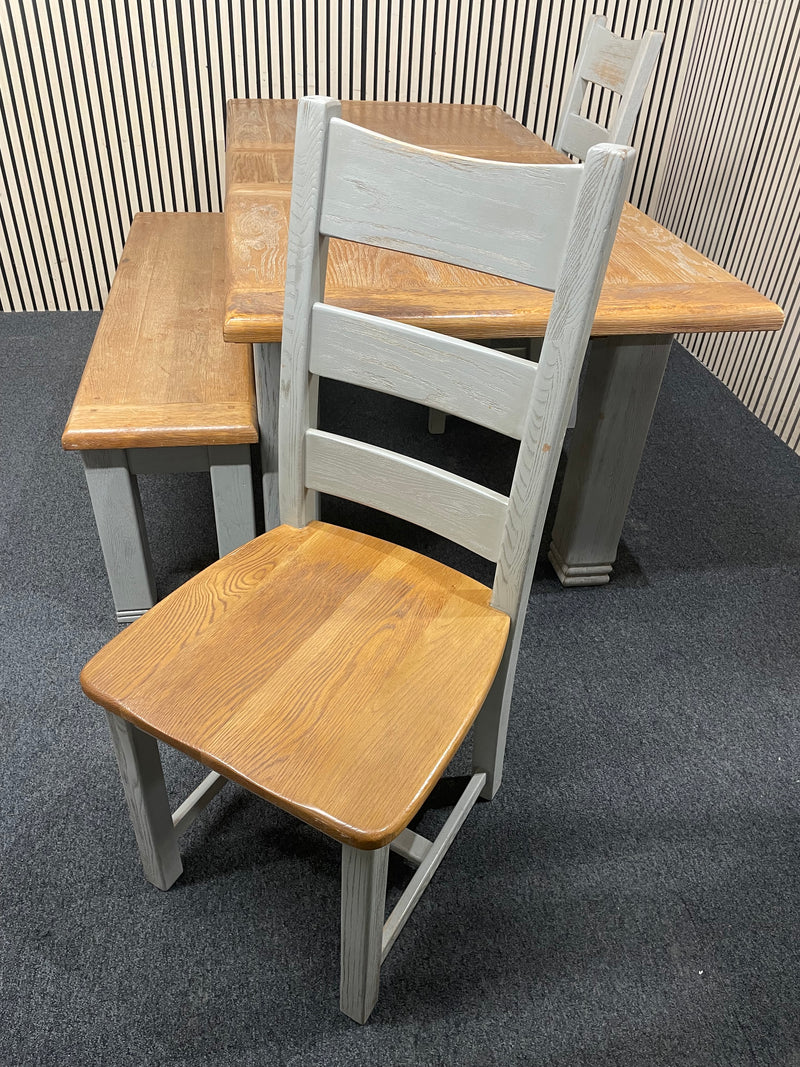 Extending dining table with oak top and grey painted legs (L 140 - 180 x W 90 cm) with 2 no. dining chairs and matching bench seat  44806