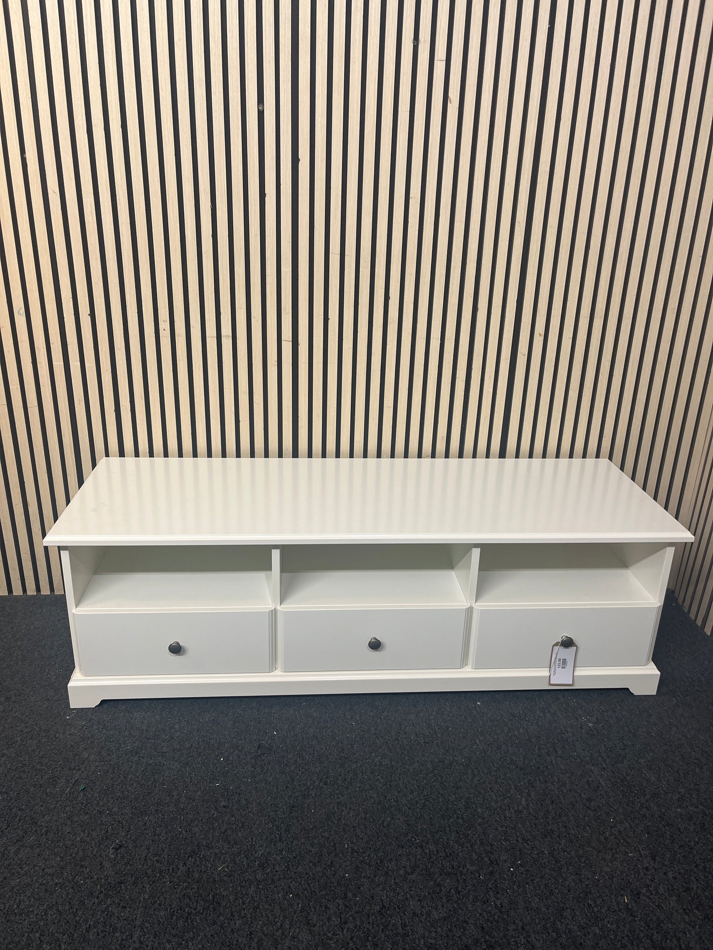 Solid white low tv unit with three drawers and open shelving units (H 46 x W 145 x D 50 cm)  44150