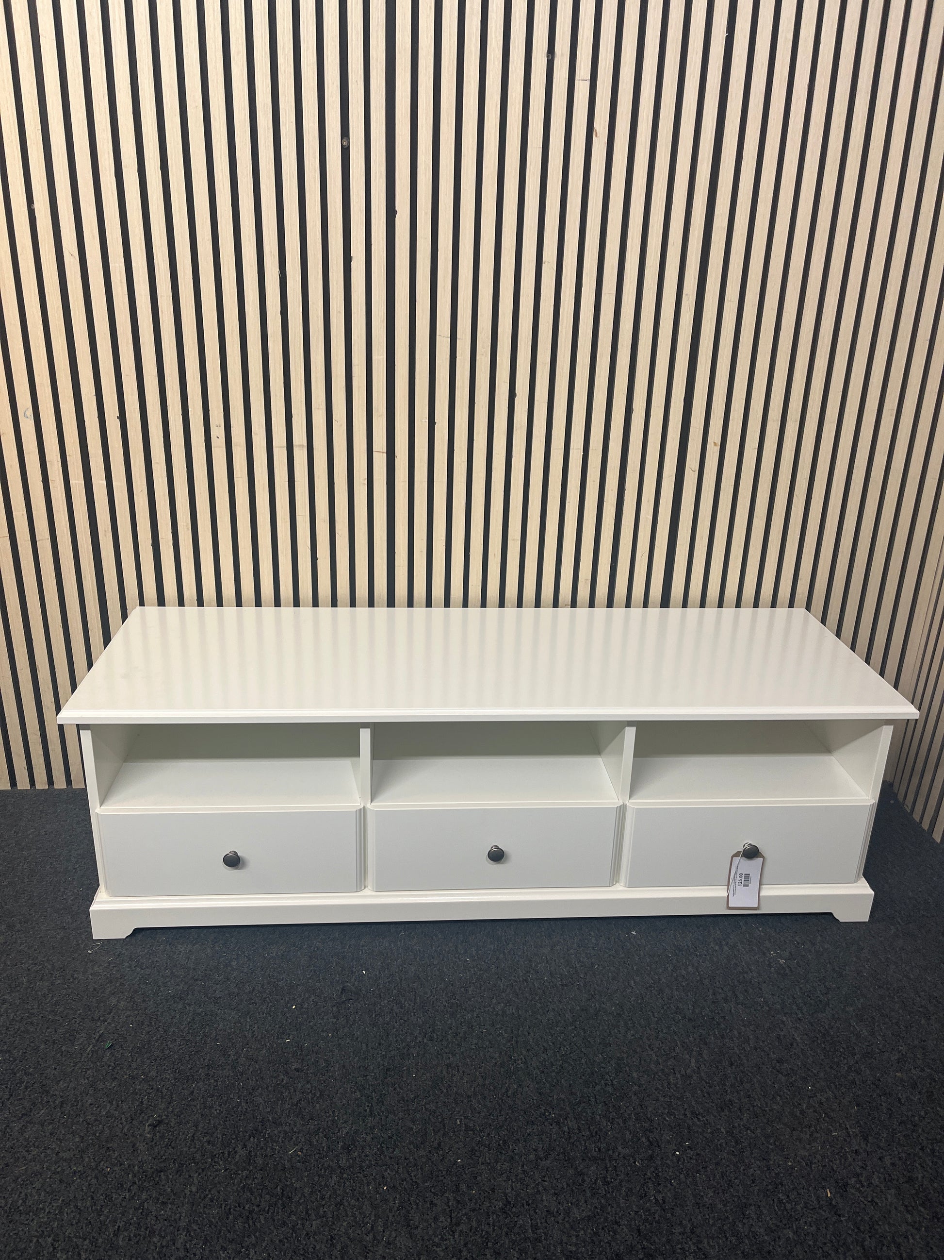 Solid white low tv unit with three drawers and open shelving units (H 46 x W 145 x D 50 cm)  44150