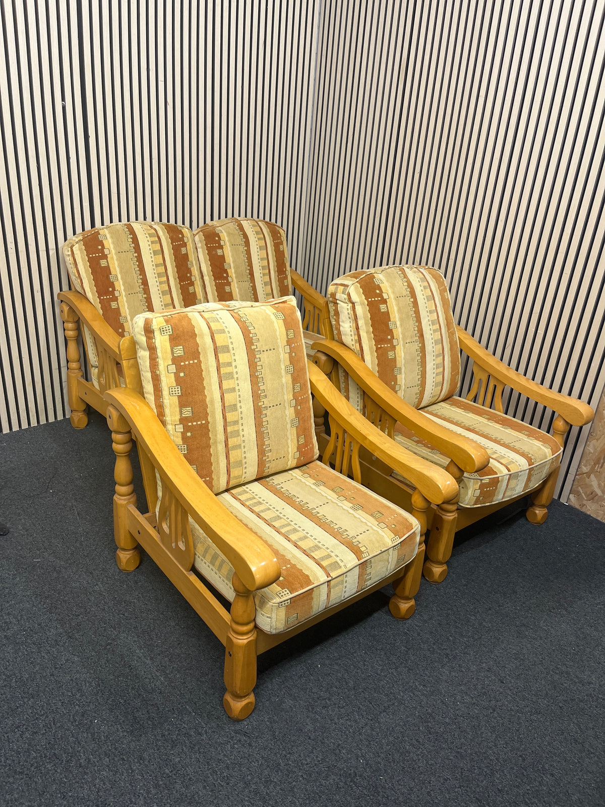 2+1+1 hardwood framed wooden suite with brown and gold mix fabric cushions  44336