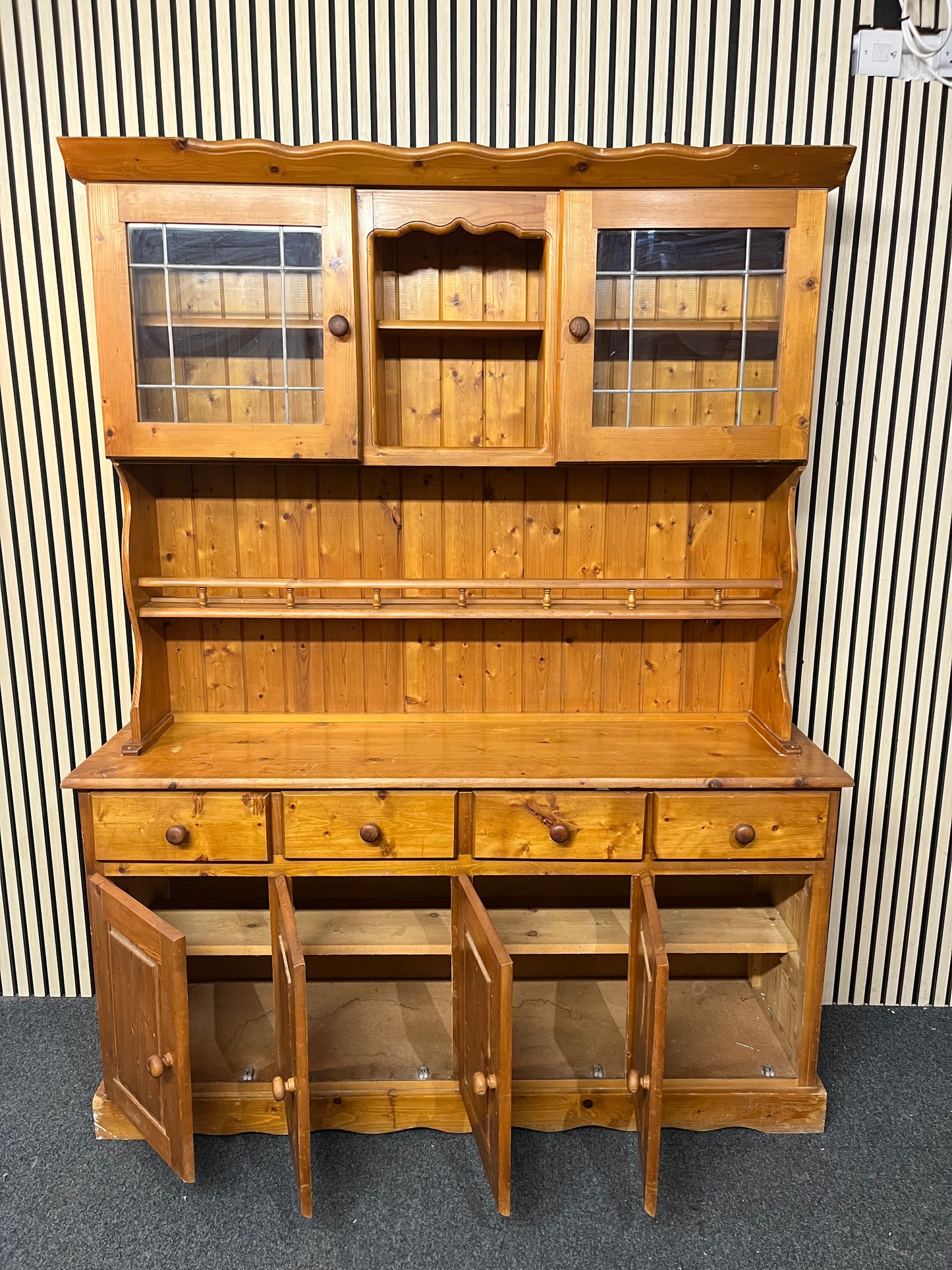 Natural pine two-glass-door top open kitchen dresser with base storage (H 193 x W 151 x D 40 cm) 1126