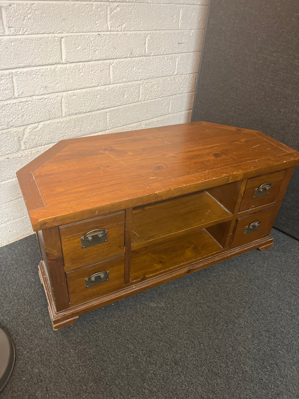 Solid dark wood stained 4 drawer low long TV unit (H 56 x W 116 x D 52 cm) 2225