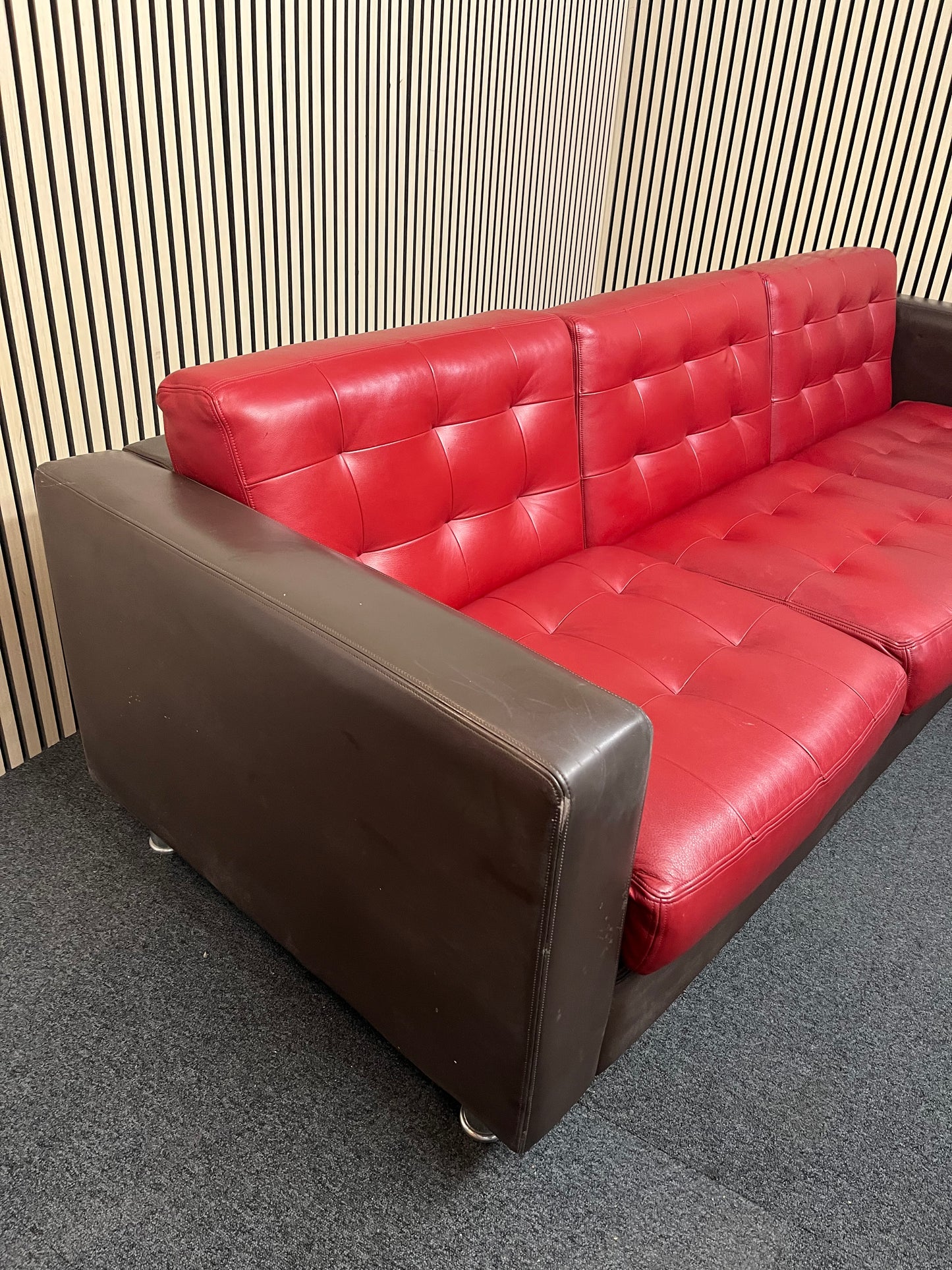 Real brown leather framed large 3 seater with wine leather button back cushions (230 cm wide) EX WINDMILL LANE  3325