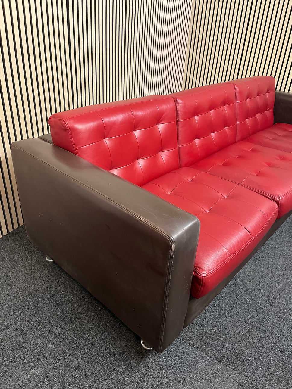 Real brown leather framed large 3 seater with wine leather button back cushions (230 cm wide) EX WINDMILL LANE  3325