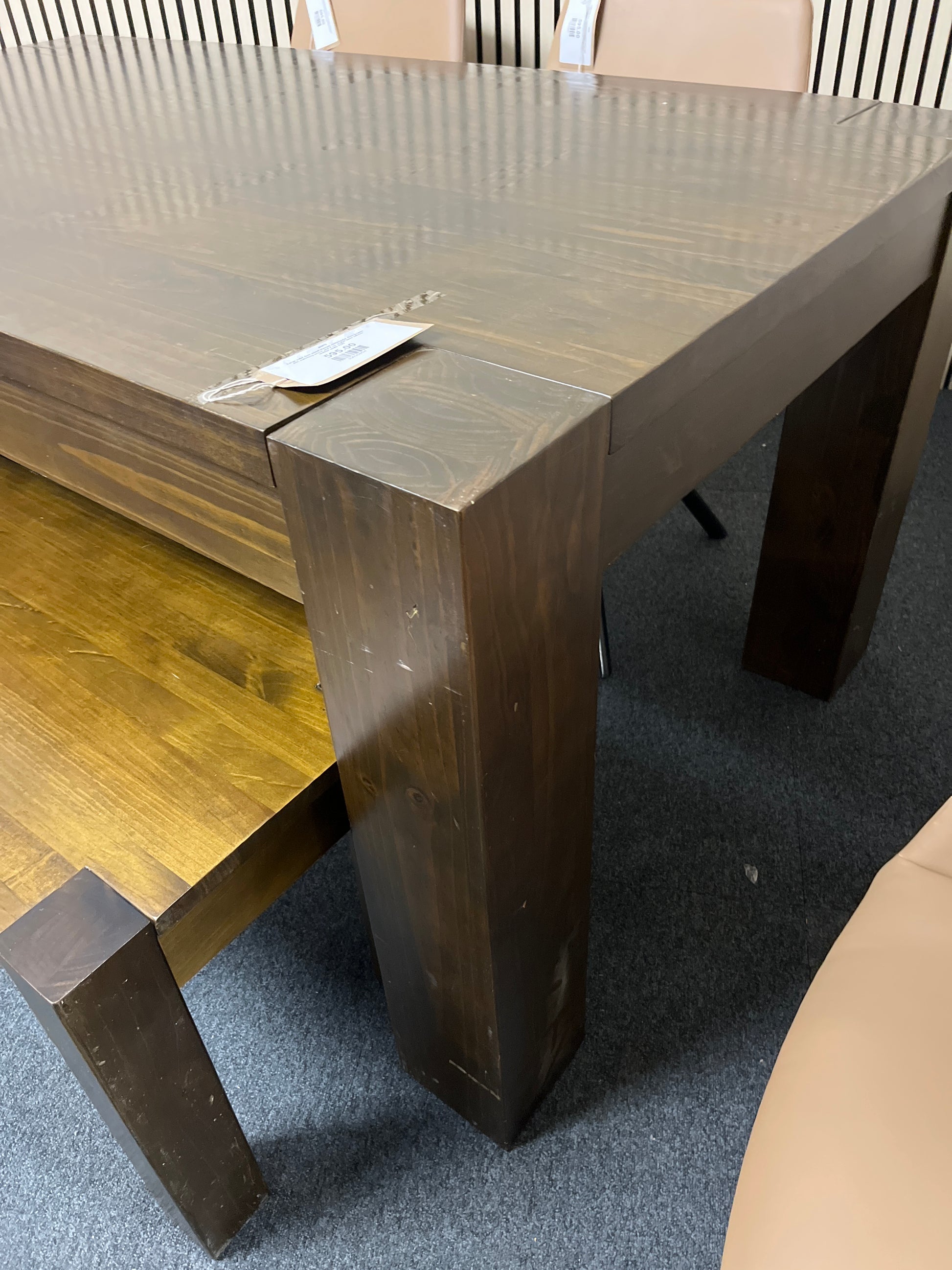 Large solid dark wood stained rectangular dining table with matching bench and 4 no. tripod base salmon leather seats 1325