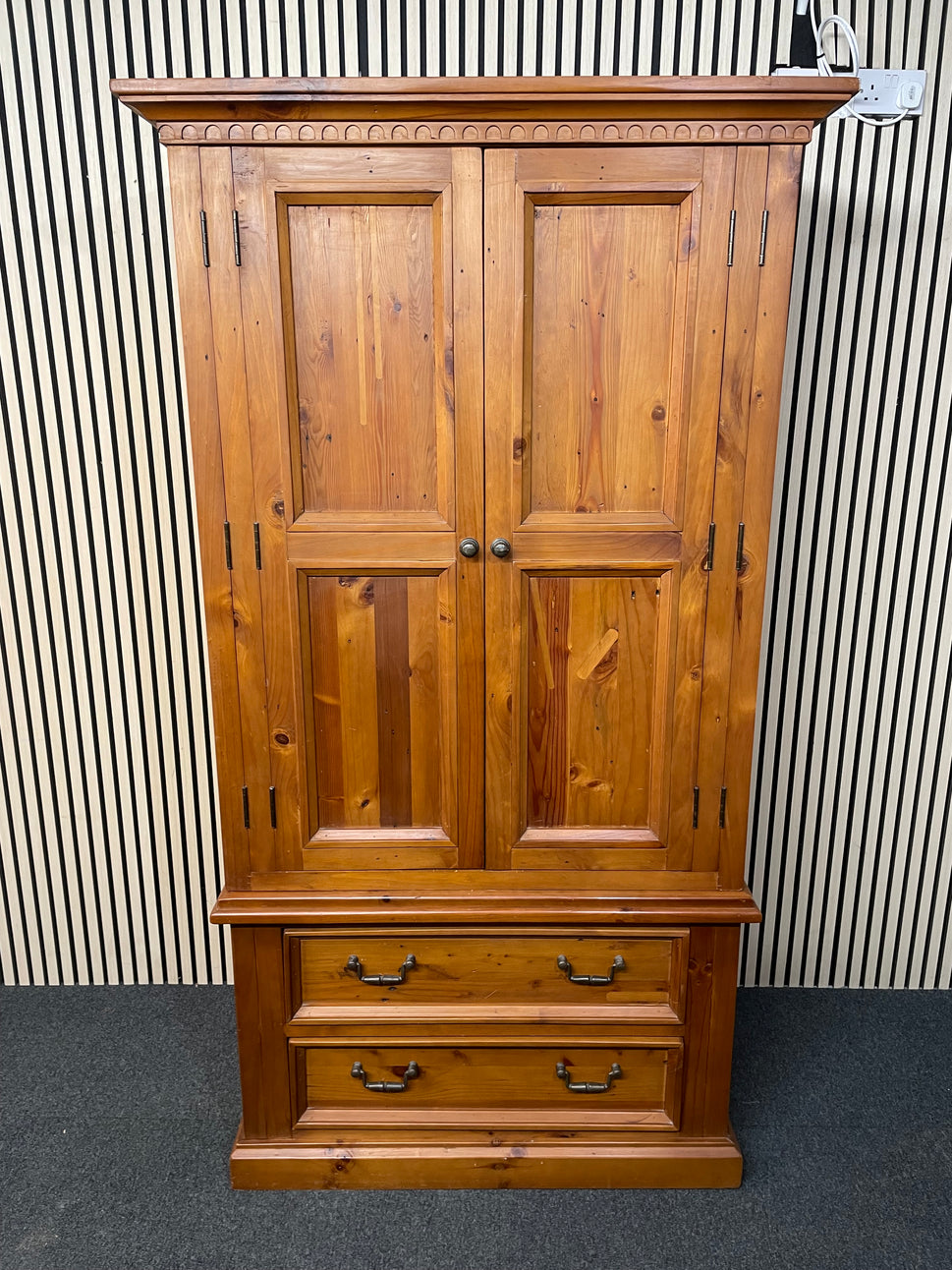 Natural solid pine ornate tall 2 door 2 drawer wardrobe with pelmet  (H 202 x W 105 x D 63 cm) 2425