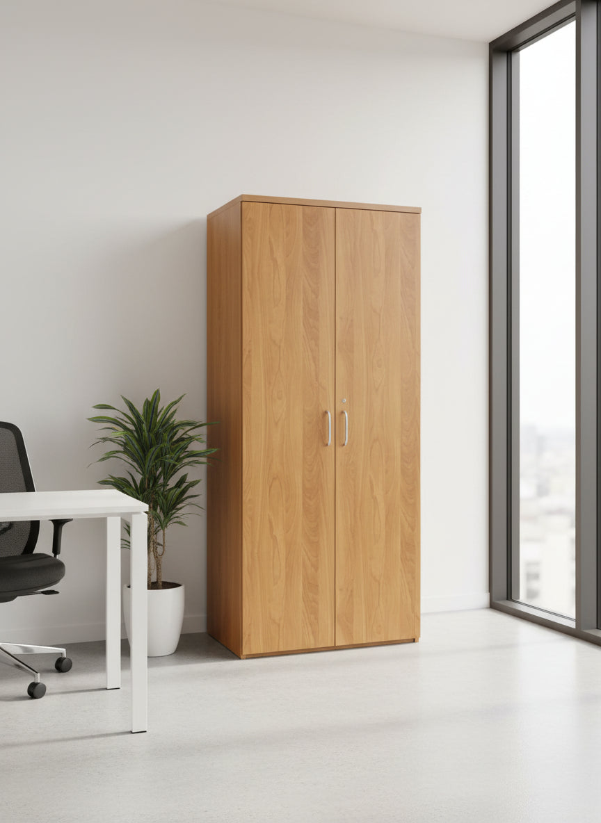 Tall cherry laminate 2 door storage unit with internal shelves 210Hx90Hx45D