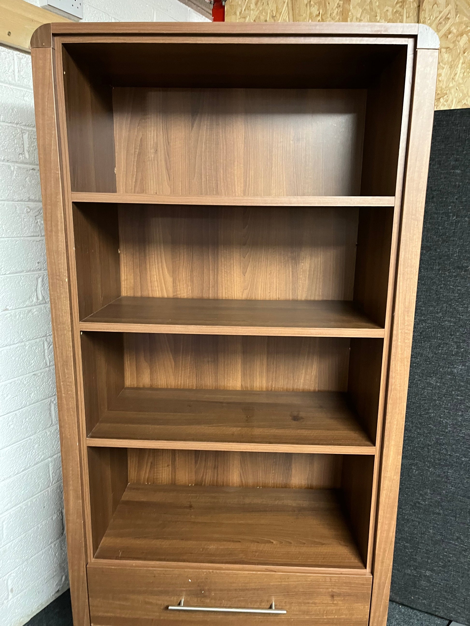 Large walnut display unit with 4 shelves and 2 drawers (H 1910 x W 900 x D 410 mm) 1225