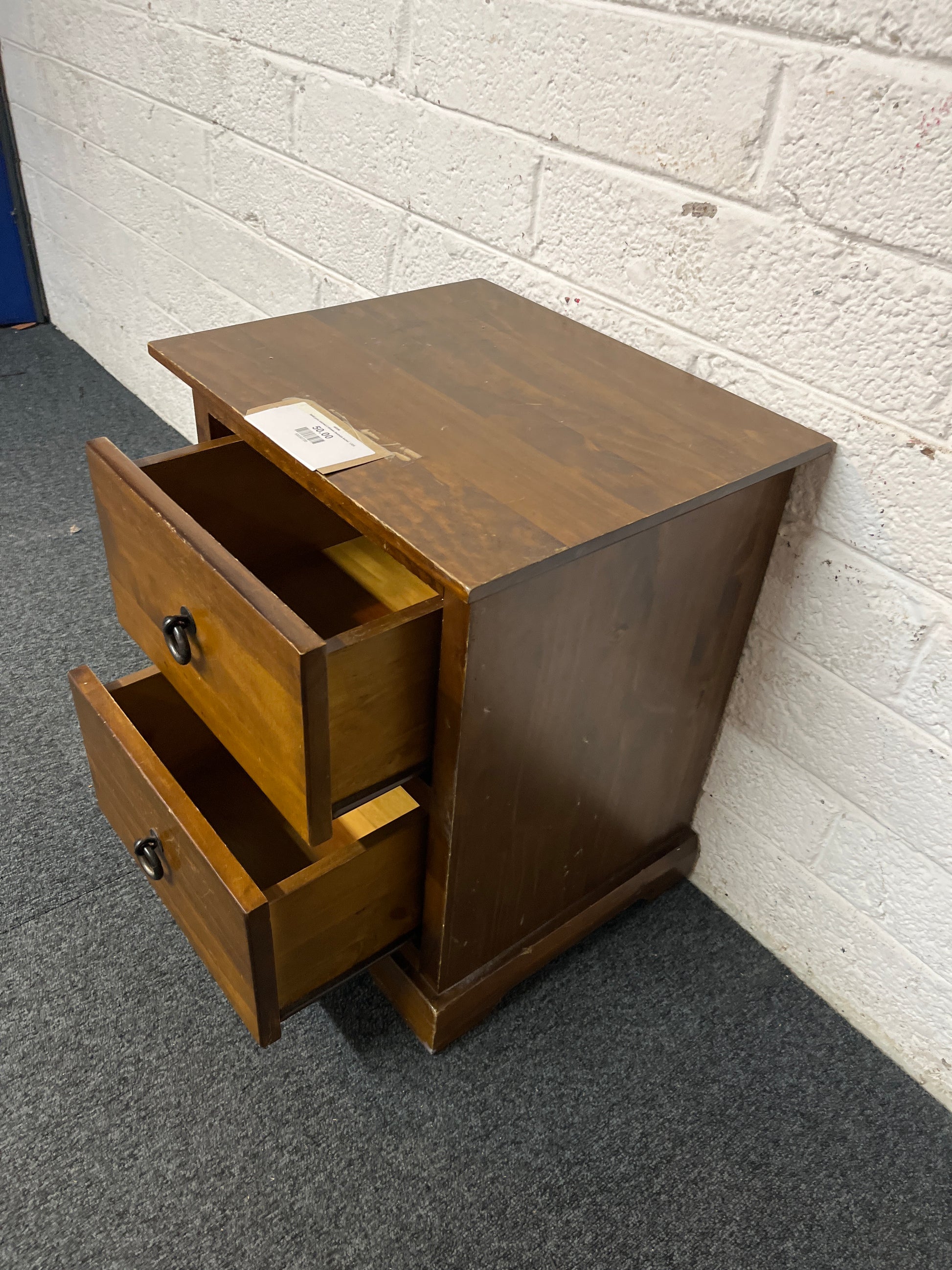 Solid pine stained 2 drawer bedside locker  1325