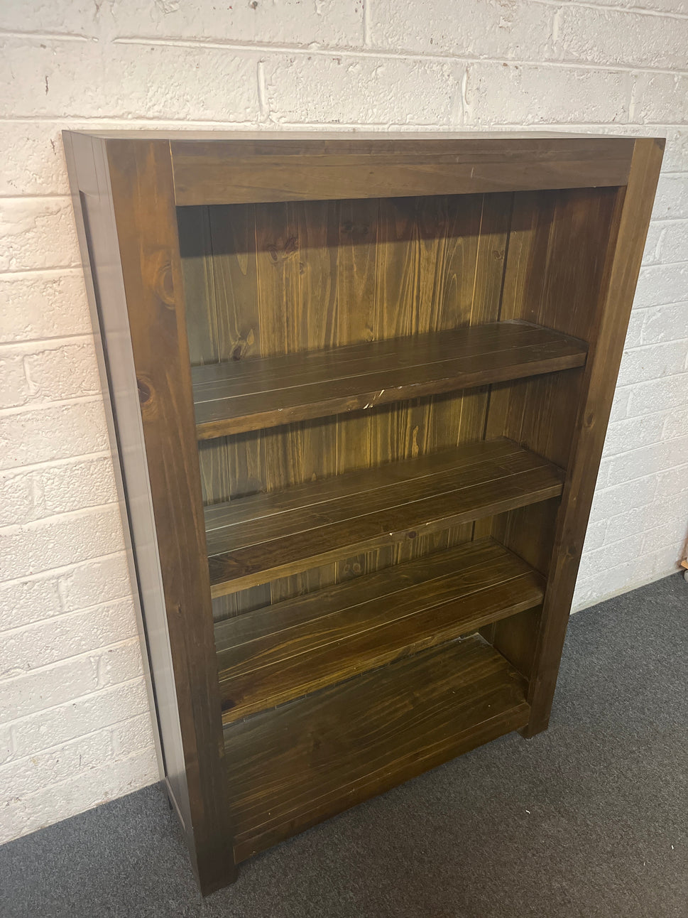 Solid tall dark wood stained open shelf unit (H 150 x W 100 x D 32 cm) 1325