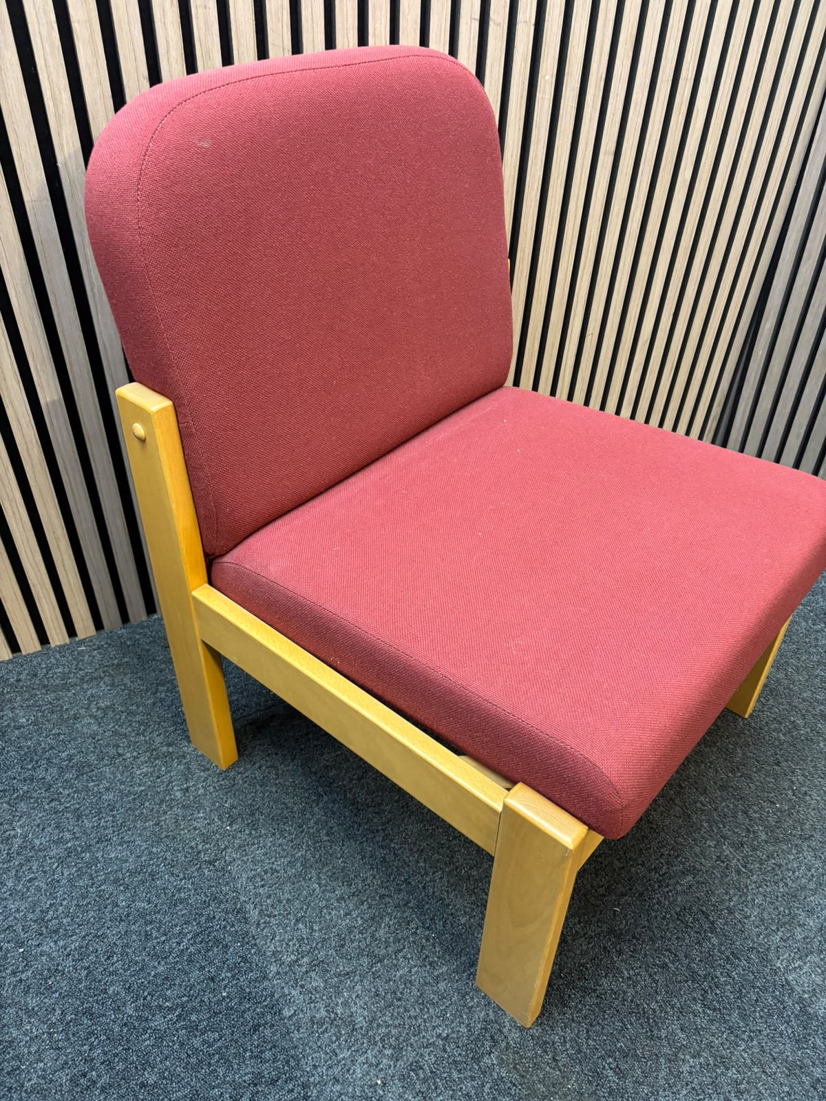 Red fabric, beech framed reception chair  J3949