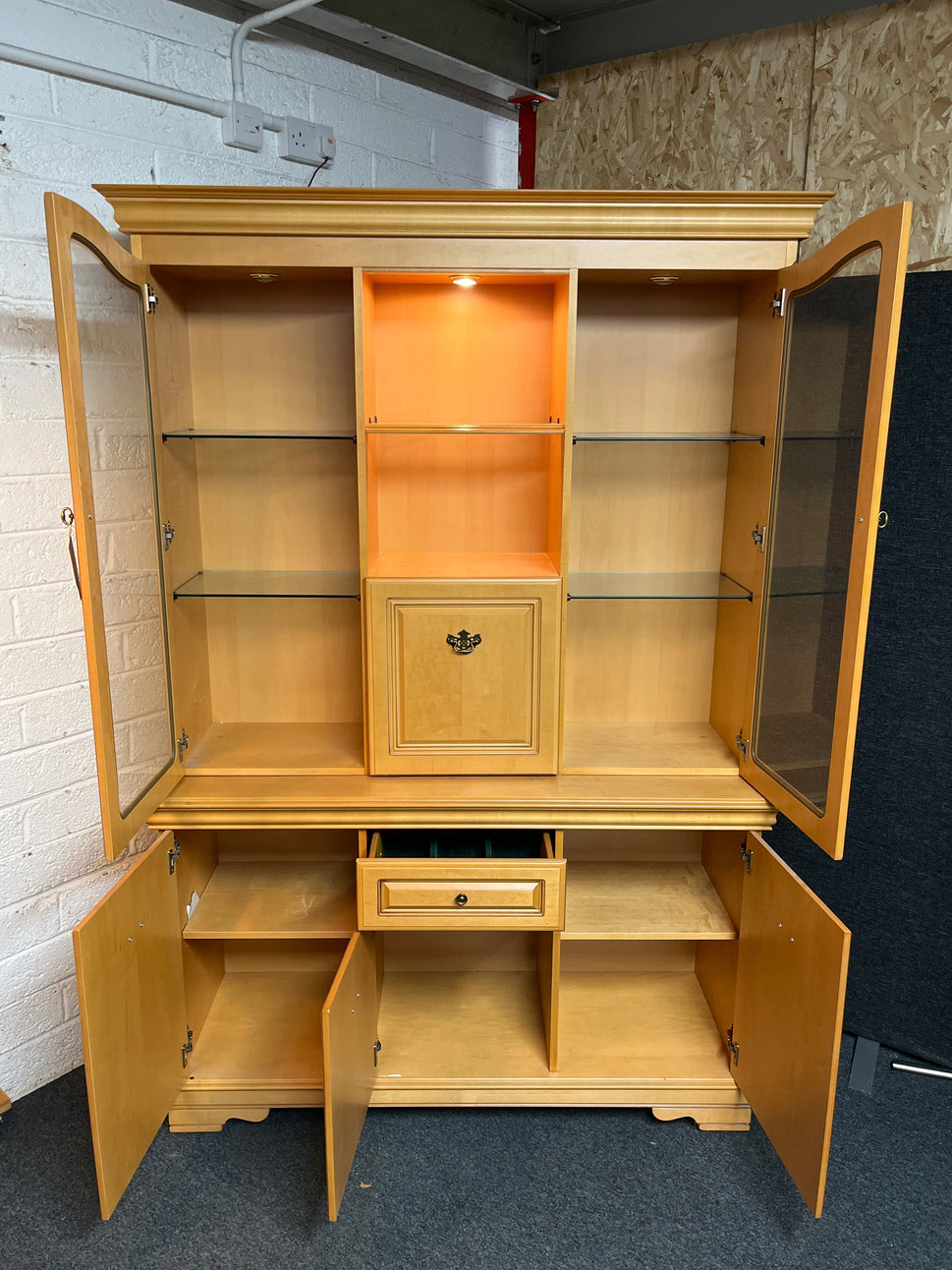 Tall rossmore light stained 2 glass door display unit with base storage 1300Lx430Dx1940H 2225