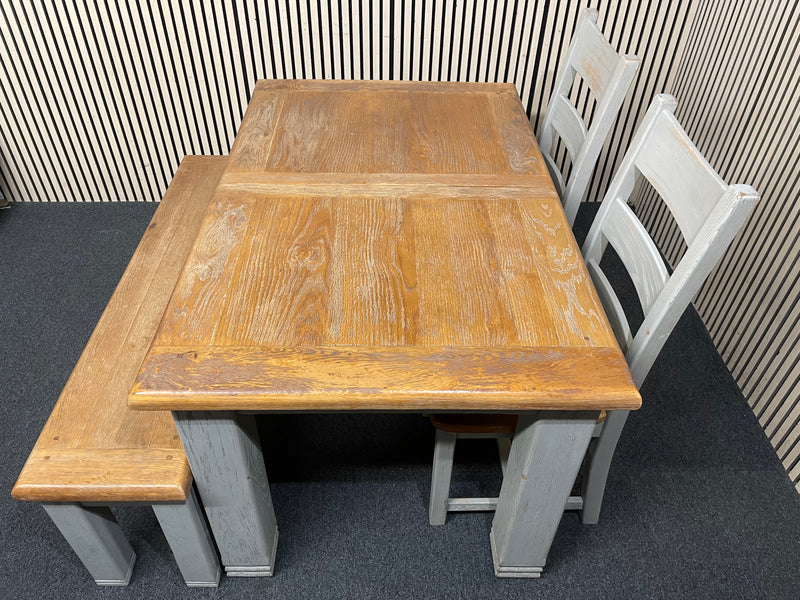 Extending dining table with oak top and grey painted legs (L 140 - 180 x W 90 cm) with 2 no. dining chairs and matching bench seat  44806