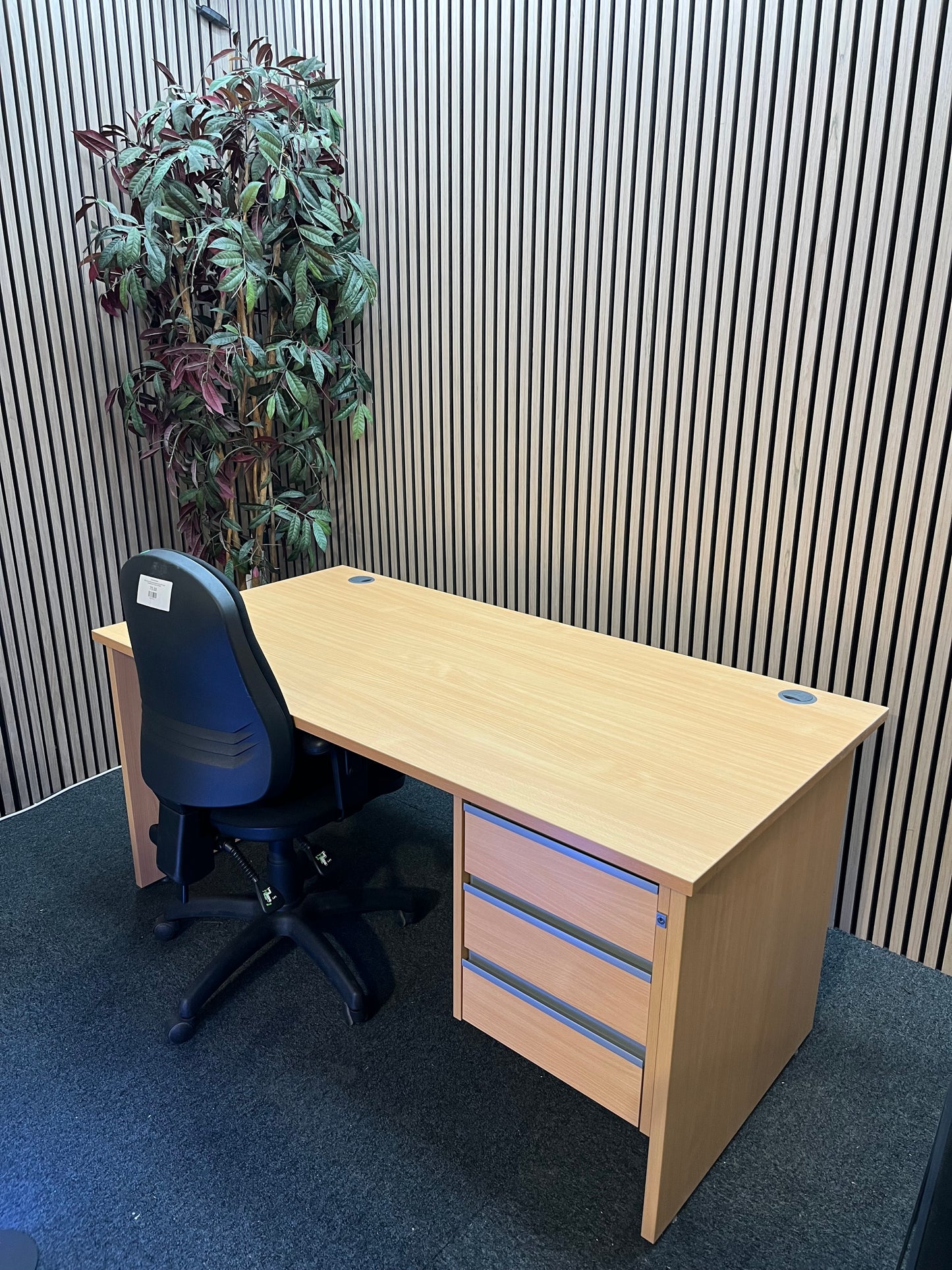 Liquidated Beech panel leg desk with fixed pedestal (white laminate modesty panel)