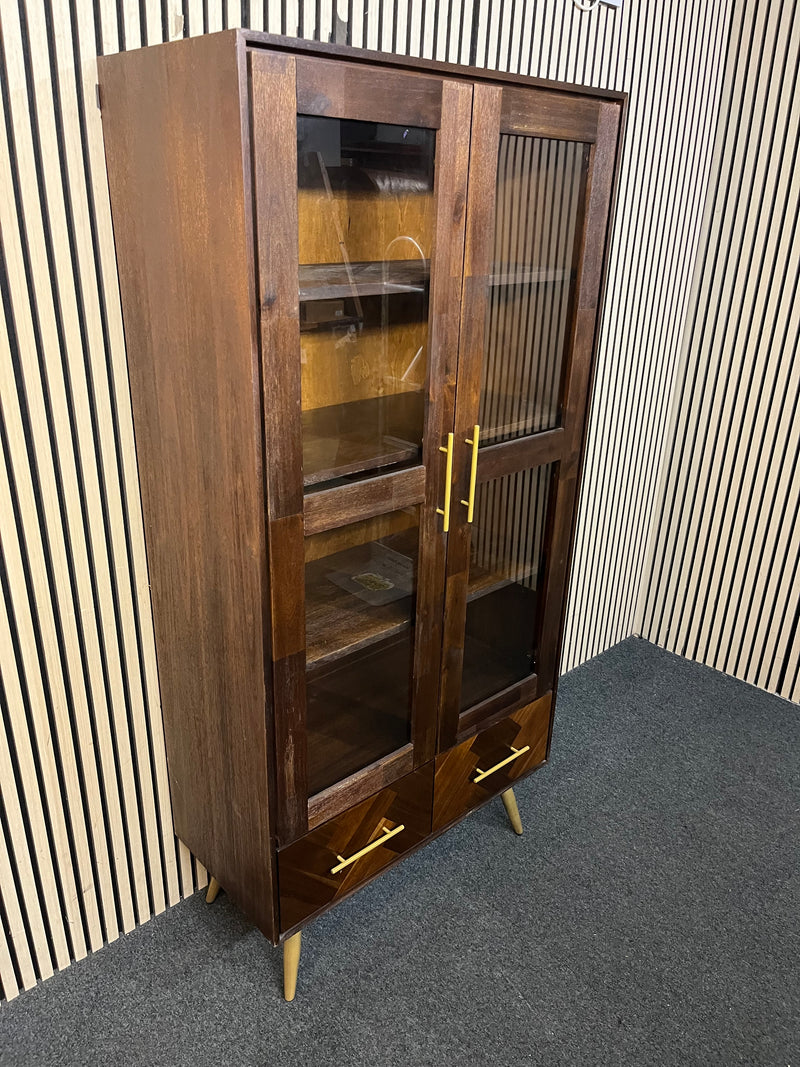 Dark wood cabinet with glass doors and herringbone patterned drawers (H 186 x W 90 x D 42 cm)  44573