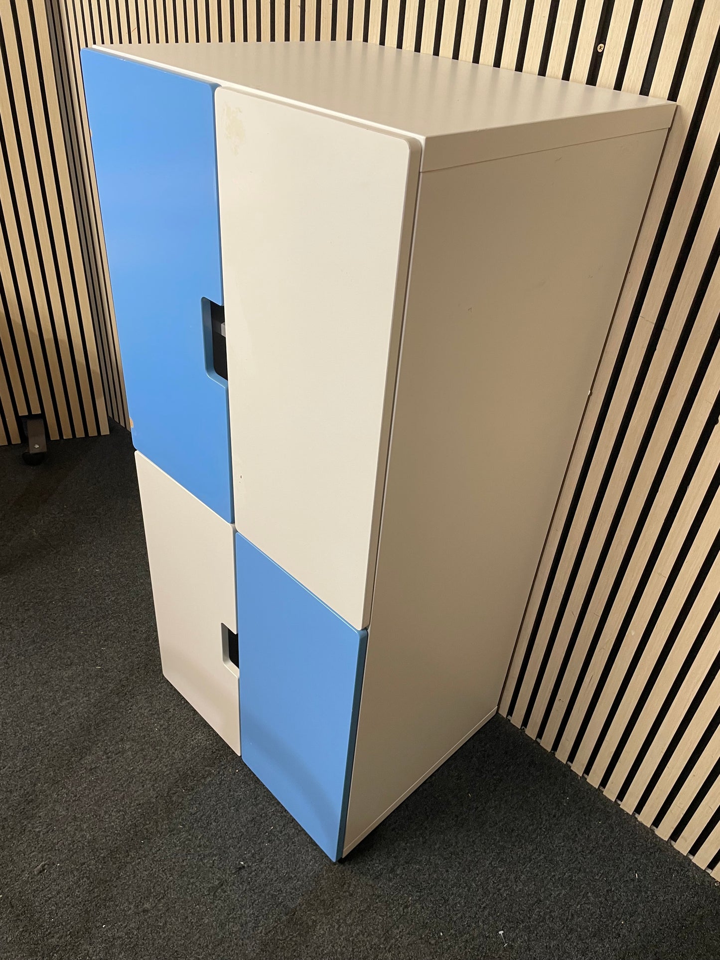 White and blue Ikea 4 door strorage unit (H 130 x W 60 x D 50 cm) 1226
