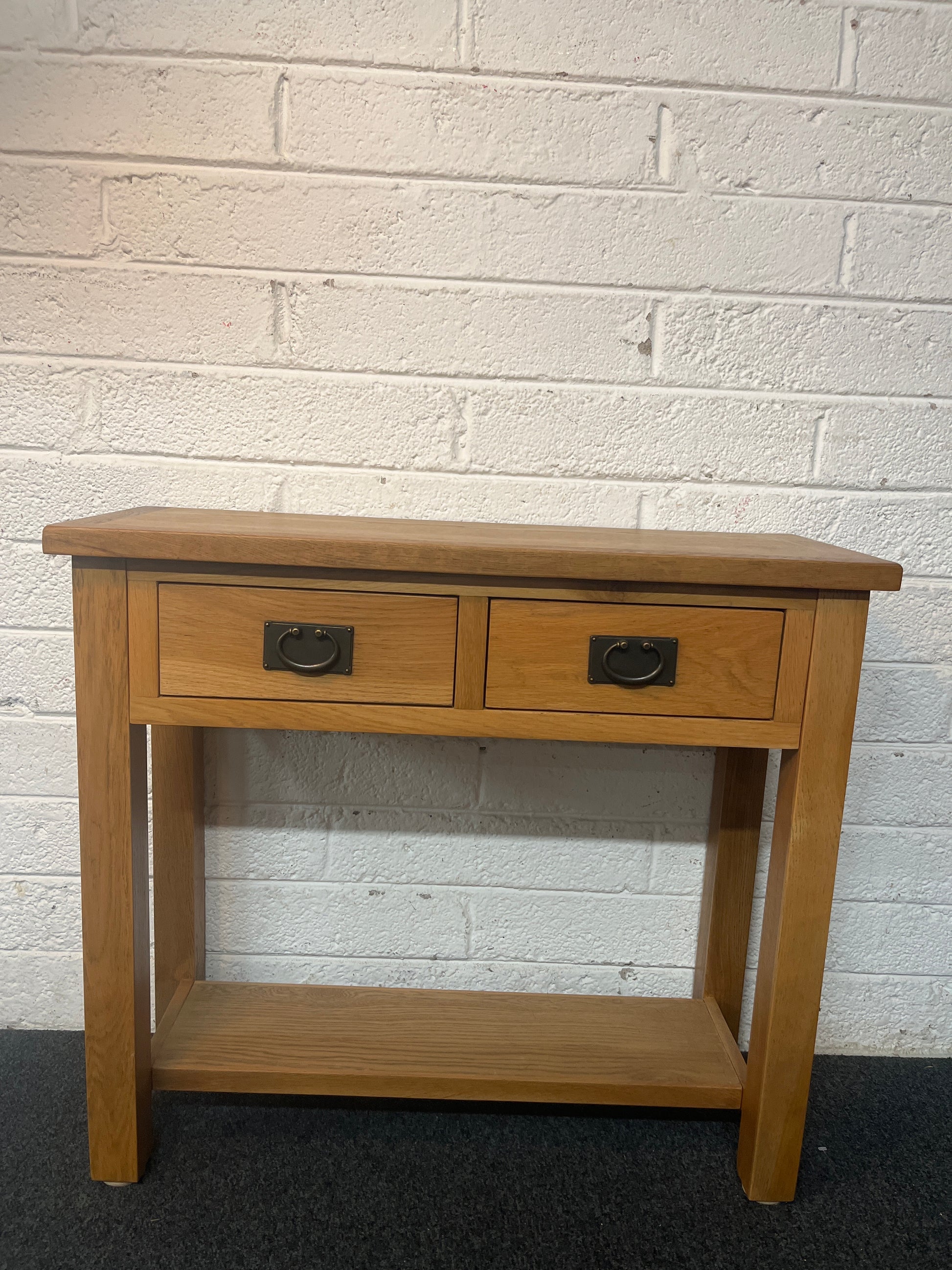 Solid oak 2 drawer console table with base shelf (H 74 x W 85 x  D 32 cm) 1325