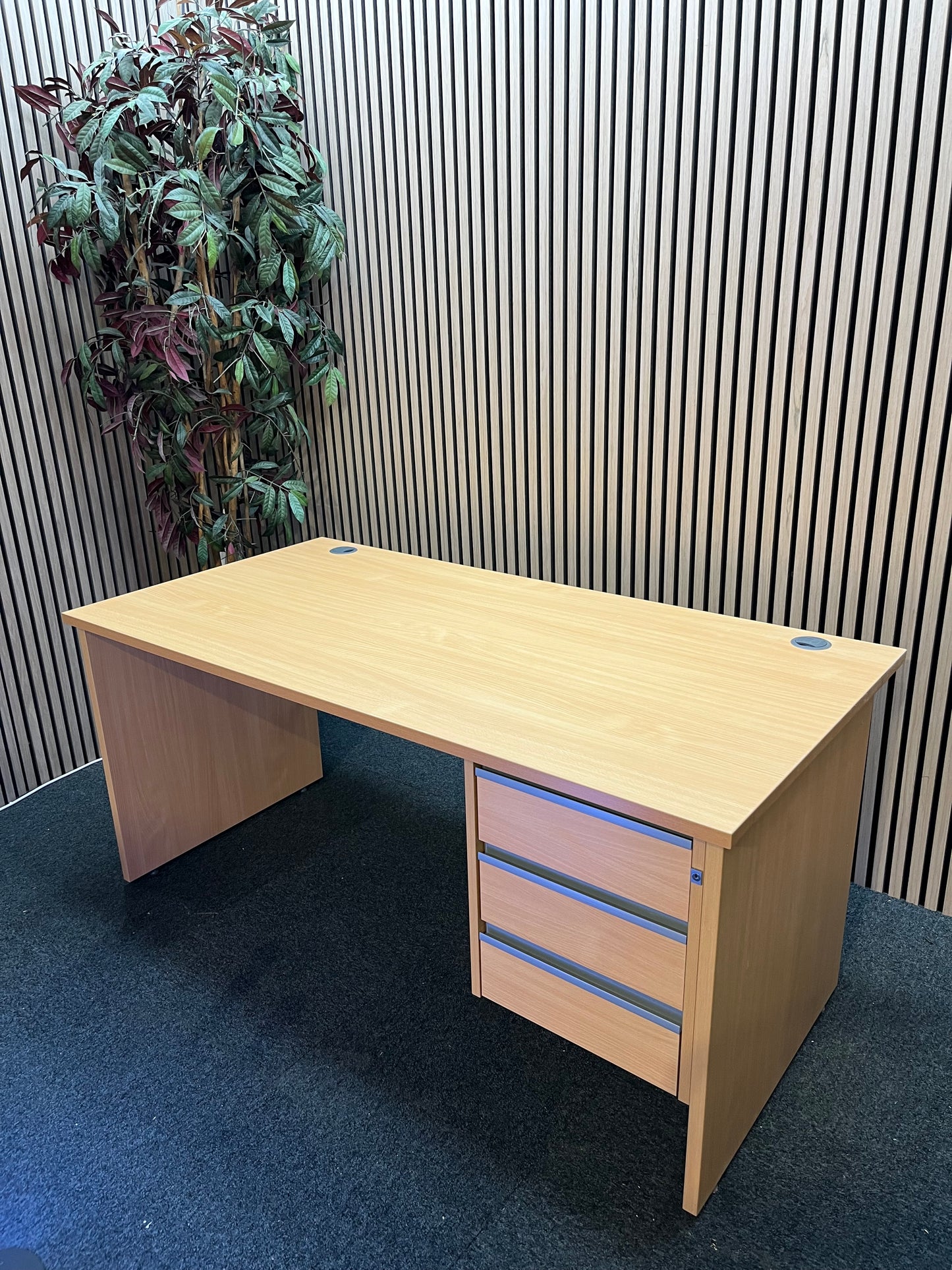 Liquidated Beech panel leg desk with fixed pedestal (white laminate modesty panel)